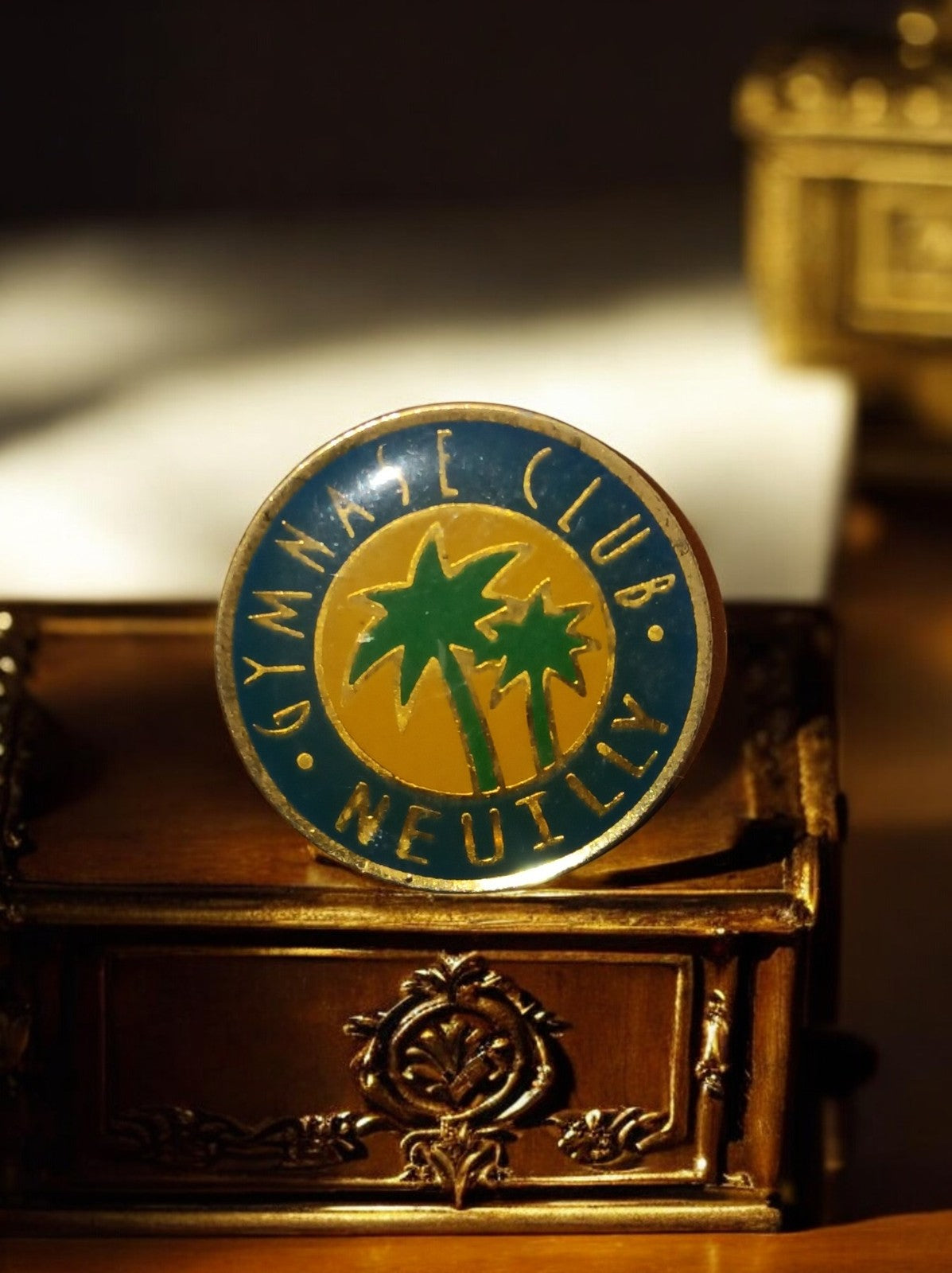 Pin's vintage Gymnase Club Neuilly rond émaillé bleu vert jaune badge