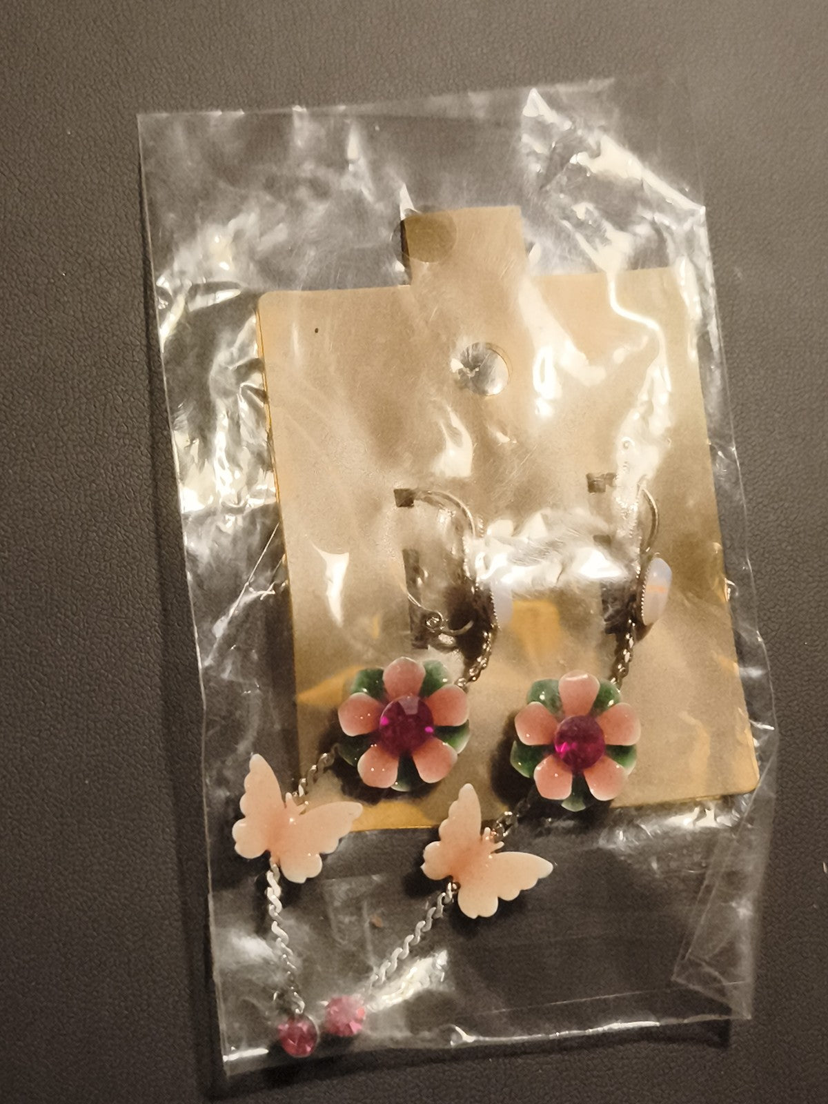 Boucles d'oreilles vintage clip fleurs papillon rose deadstock ancien magasin