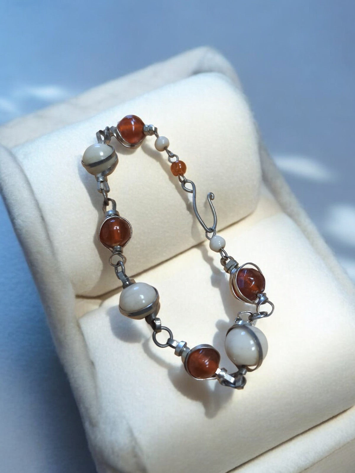 Vintage retro bracelet with two-tone beads, antique fancy style, hook clasp
