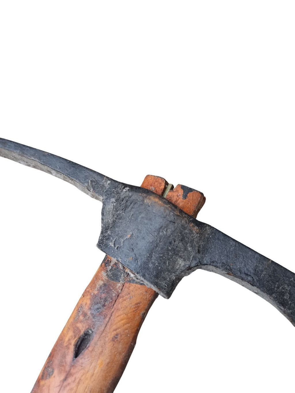 Hache piolet ancien de mineur XIXe, outil vintage, manche bois patiné
