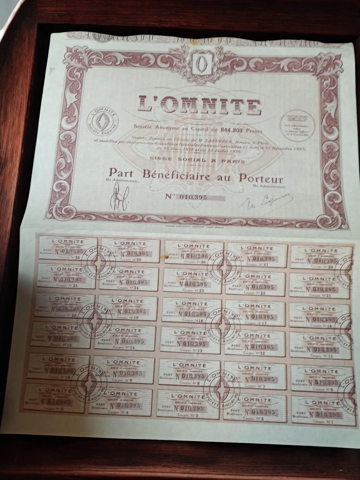 Action au porteur L'Omnite Paris années 1920 document financier ancien