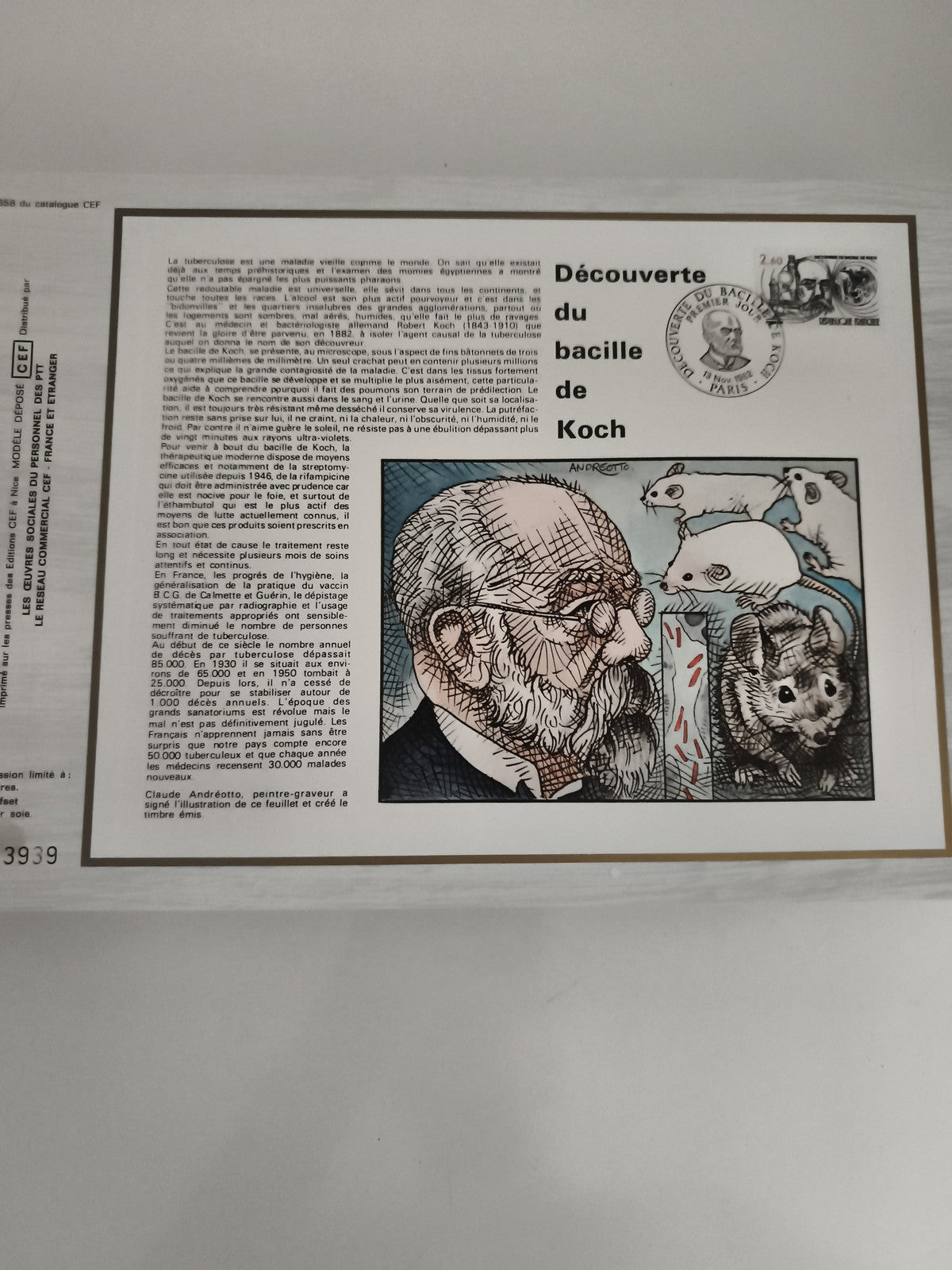 Feuillet CEF Découverte du bacille de Koch Andréotti philatélie TB