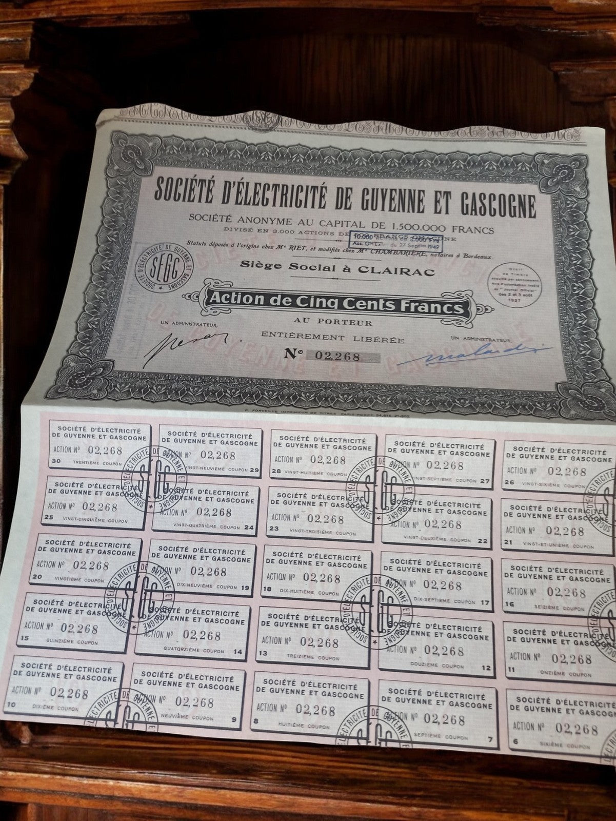 Titre au porteur ancien Société d?Électricité Guienne Gascogne vintage 1920s col