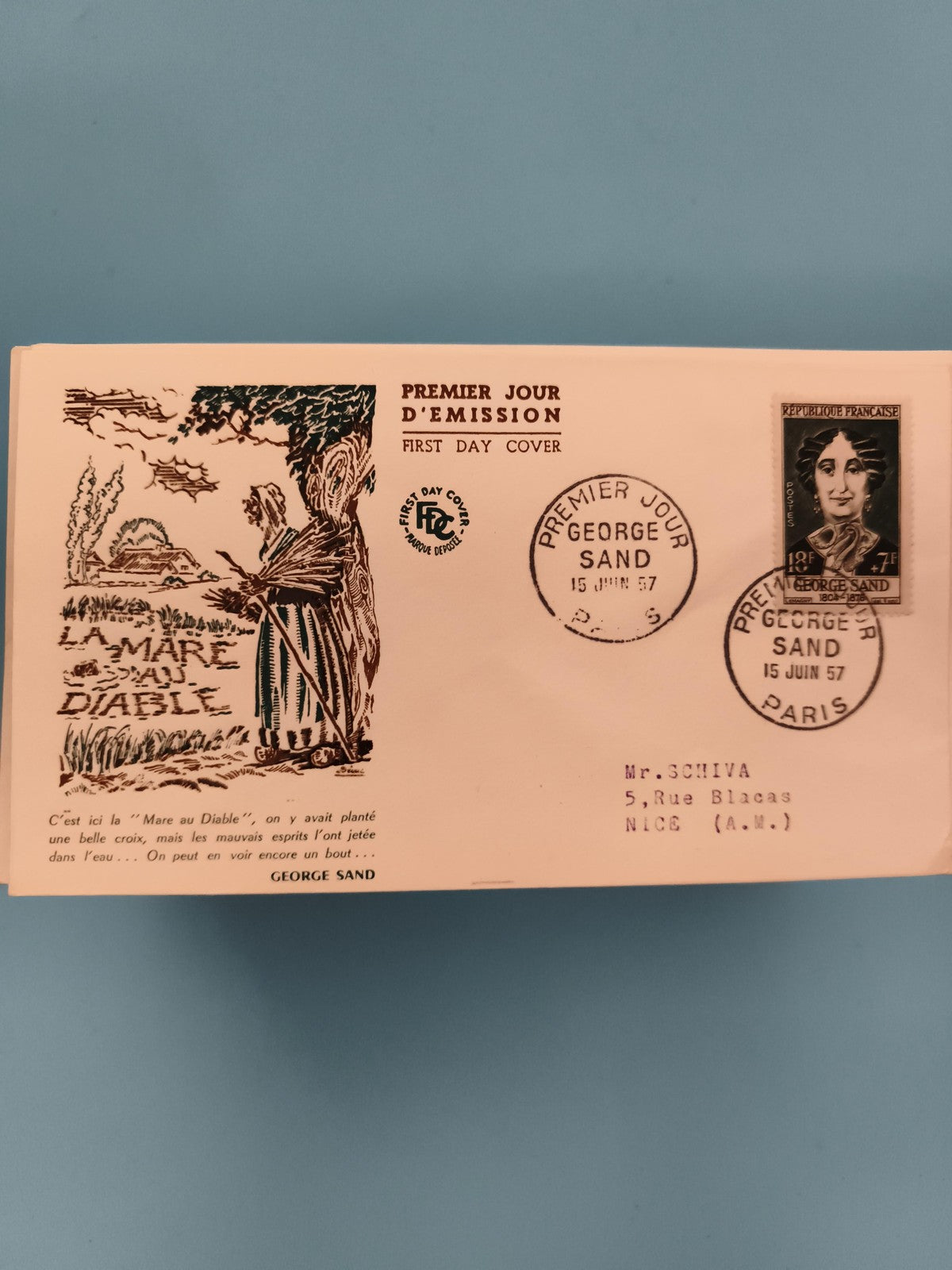 Lettre Premier Jour George Sand 1957 FDC La Mare au Diable Philatélie (Ref 2)