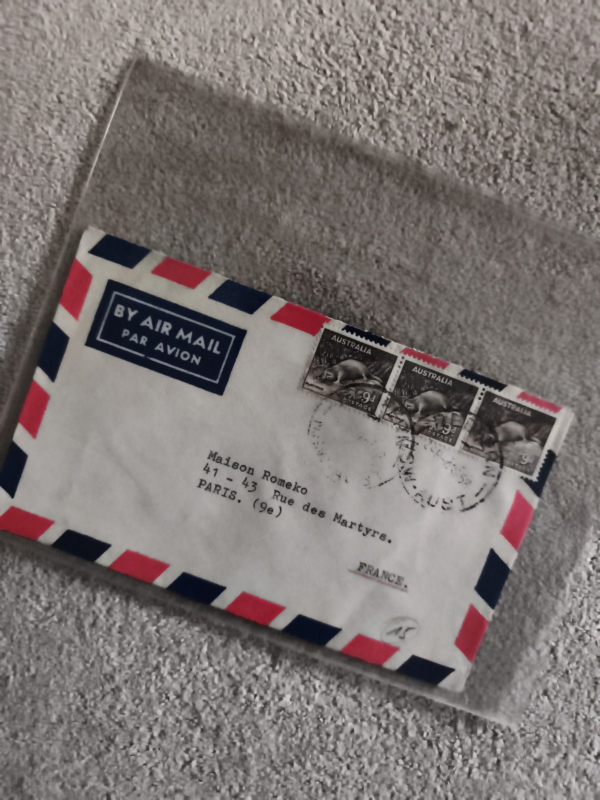 Lettre Air Mail Australie France enveloppe affranchie timbres 1960s philatélie (