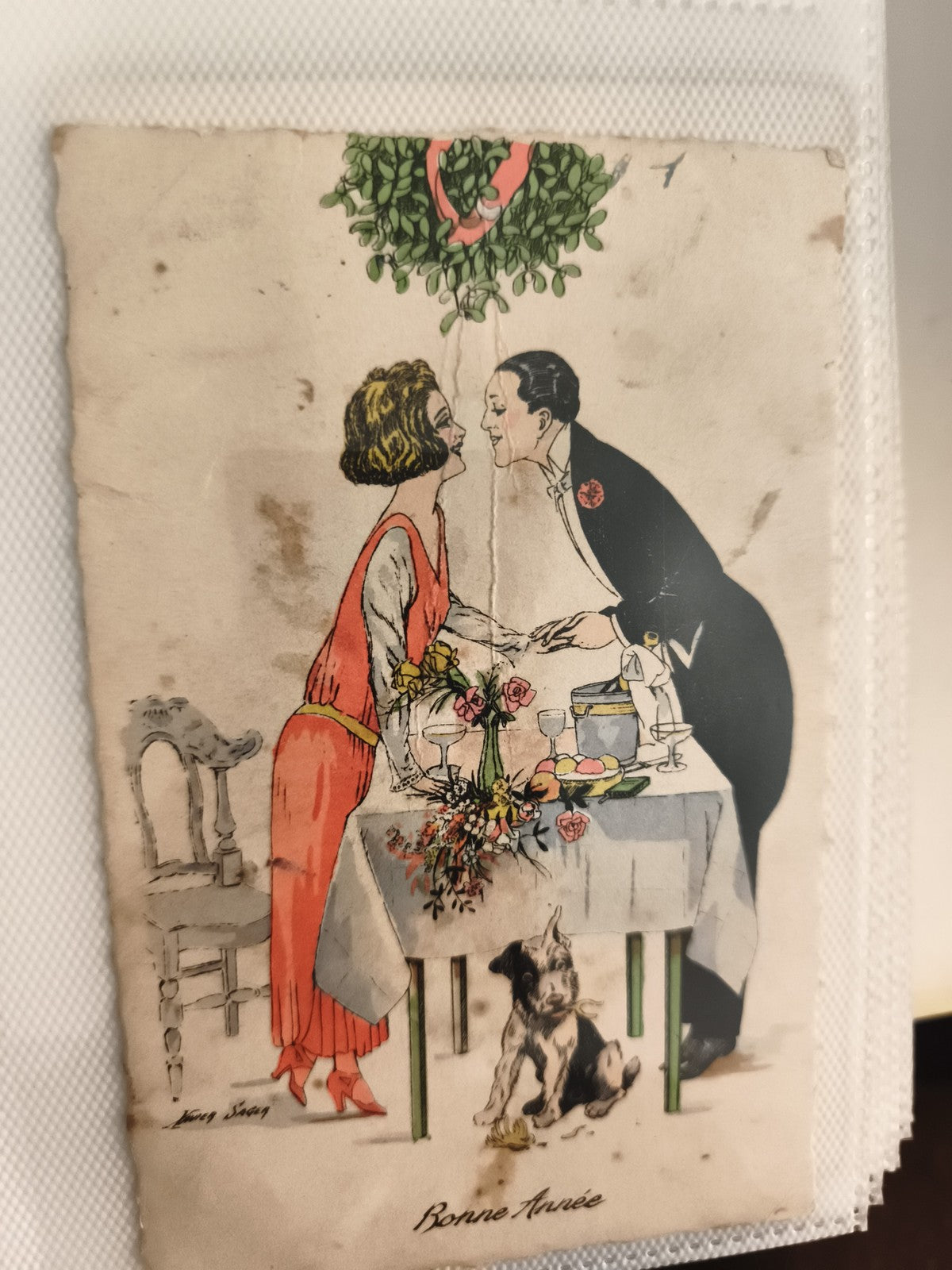 Carte postale ancienne Bonne Année Art déco illustration couple chien