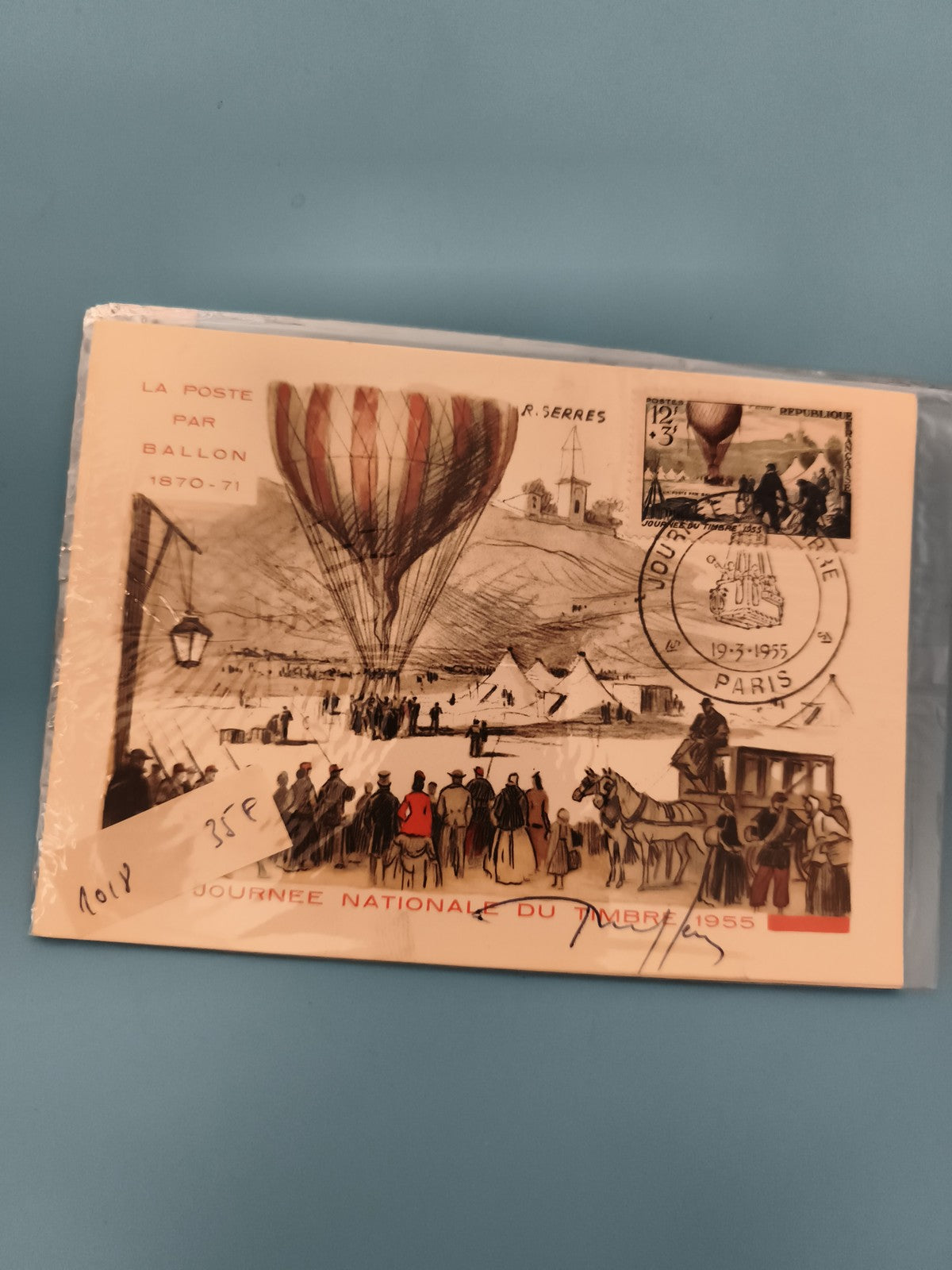 Carte postale illustrée La Poste par Ballon 1870-71, oblitérée Paris 1955