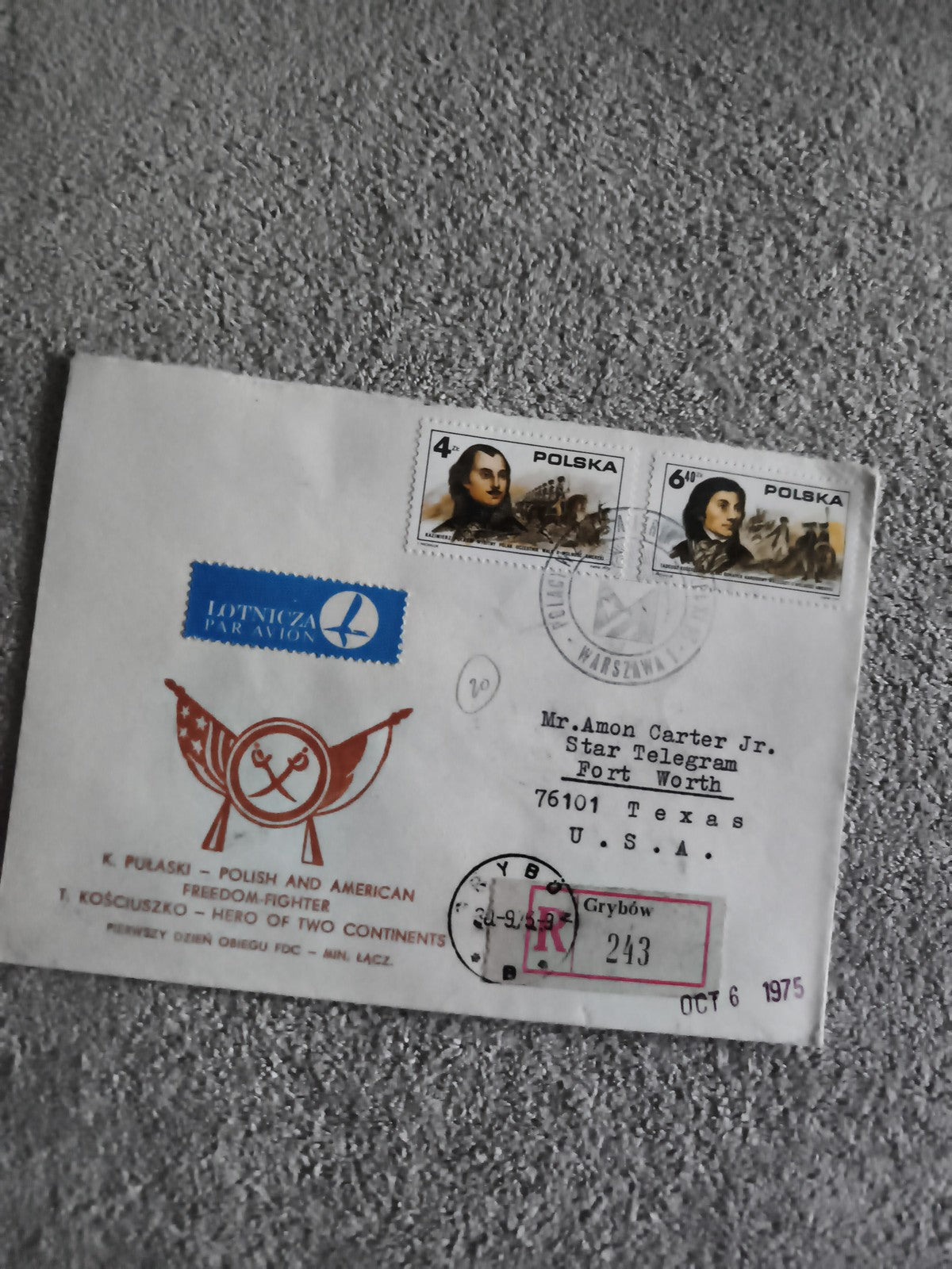 Lettre premier jour Pologne 1975 timbres Pulaski Kościuszko FDC philatélie (Ref