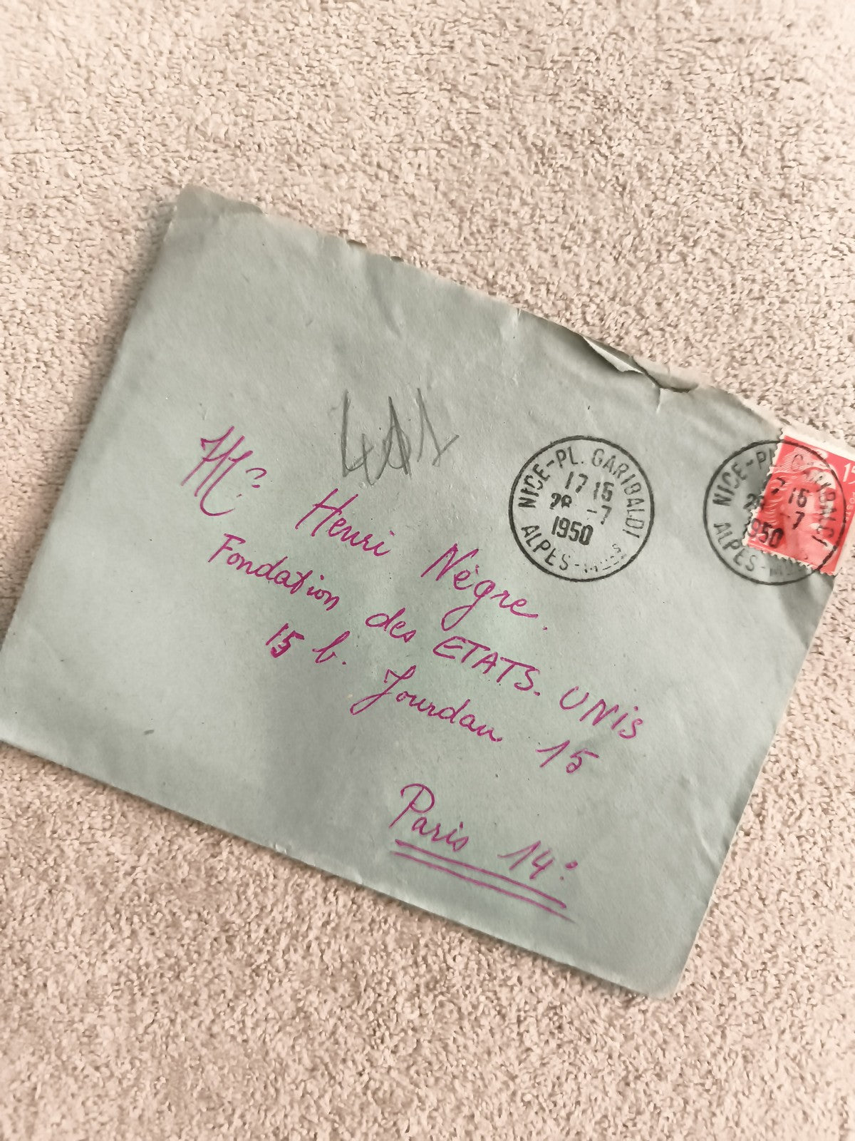 Lettre oblitérée 1950 Nice Paris timbre rouge philatélie enveloppe manuscrite