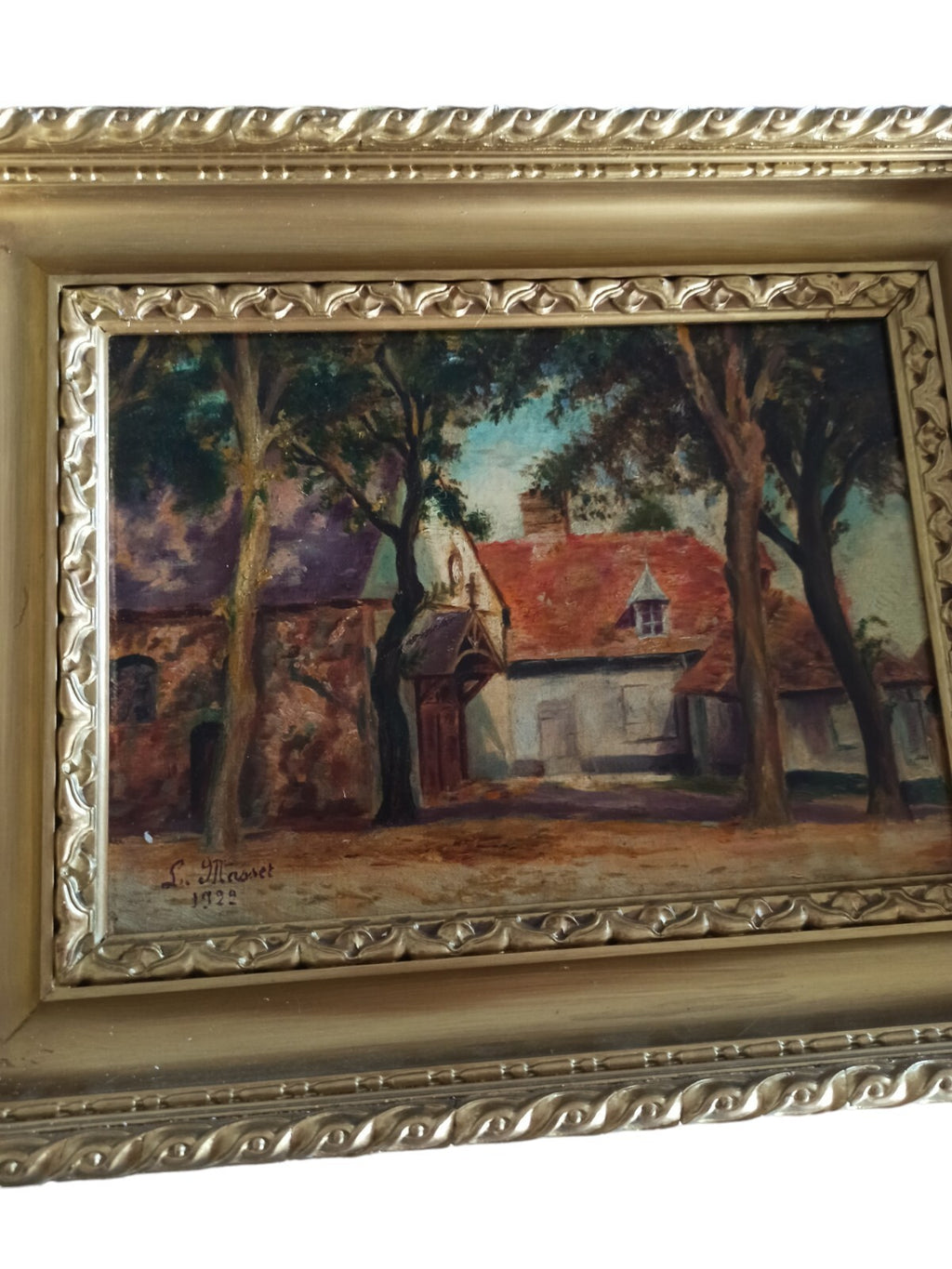 Peinture ancienne Laure Masset 1922 maison campagne cadre doré paysage