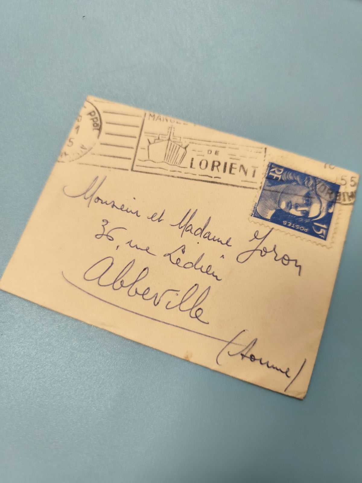 Ancienne enveloppe oblitérée début XXe, timbre bleu 15c, Lorient, philatélie