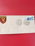 Enveloppe philatélie Pérouges blason, timbre 2,20 F et cachets visibles