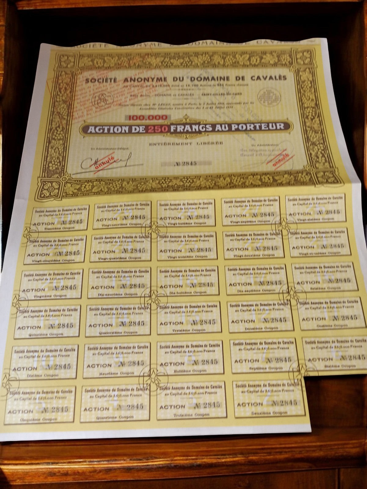 Action au porteur 250 francs Domaine de Cavals vintage années 1920 ancien titre