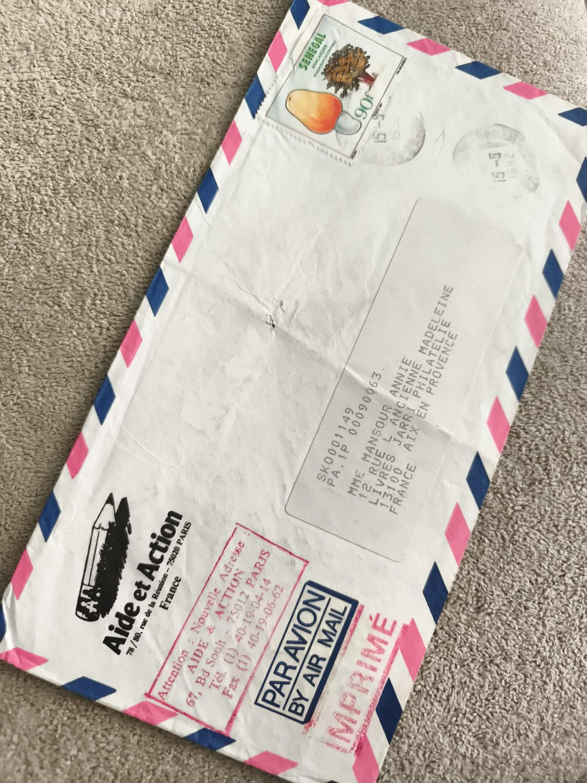 Lettre aérienne Sénégal timbre mangue 90f Aide et Action par avion imprimé