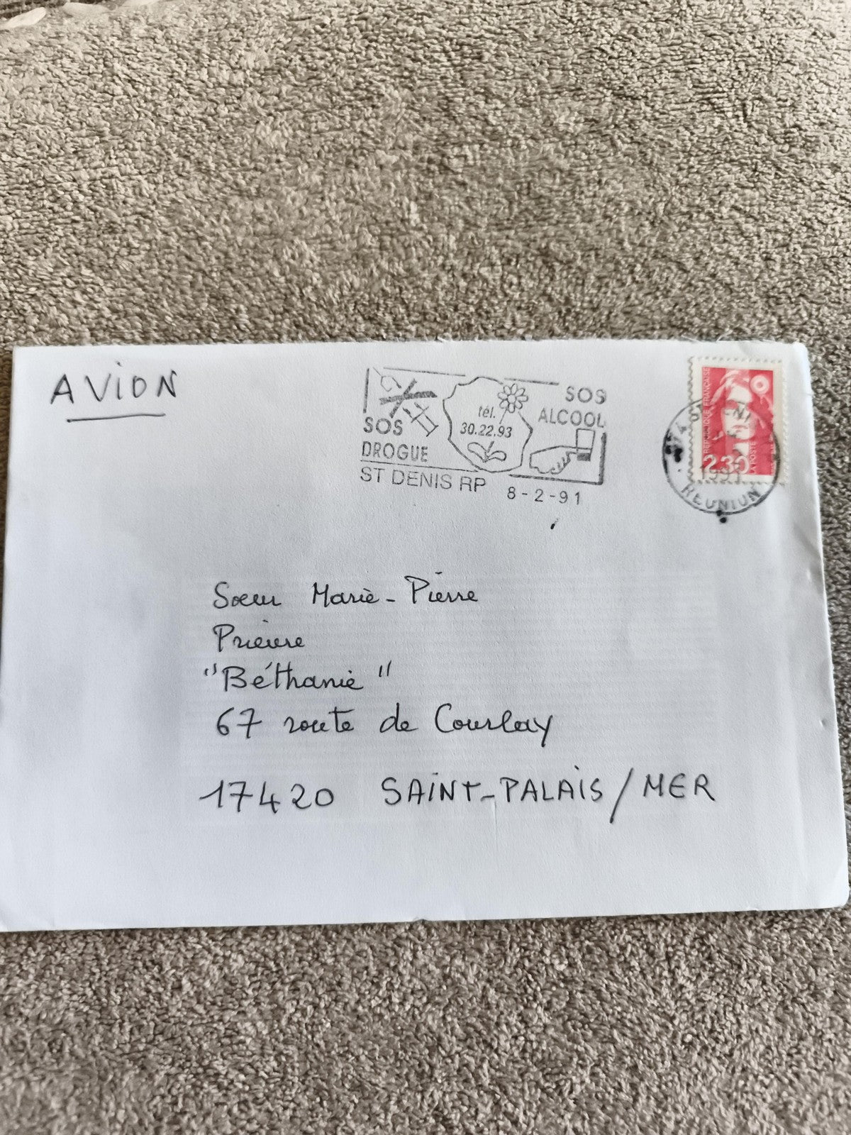 Lettre oblitérée La Réunion 1991 Marianne 2,35 F cachet SOS drogue alcool philat
