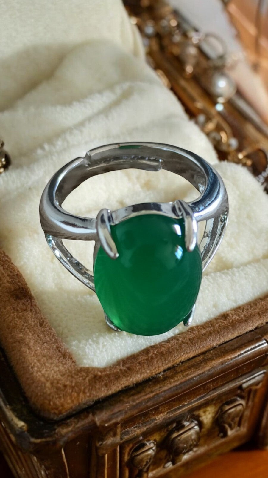 Bague Femme Agate Verte Taille 55, Anneau Cabochon Pierre Naturelle