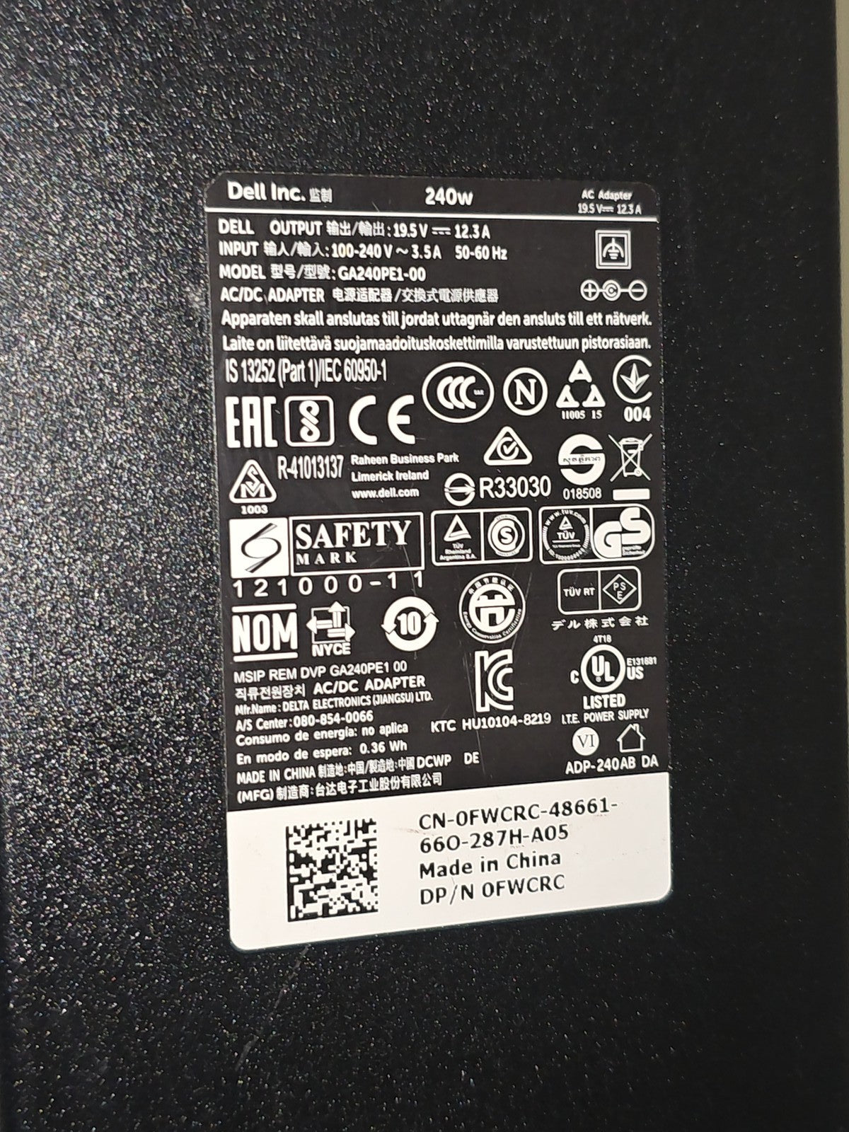 Chargeur secteur Dell GA240PE1-00 240W alimentation PC portable authentique