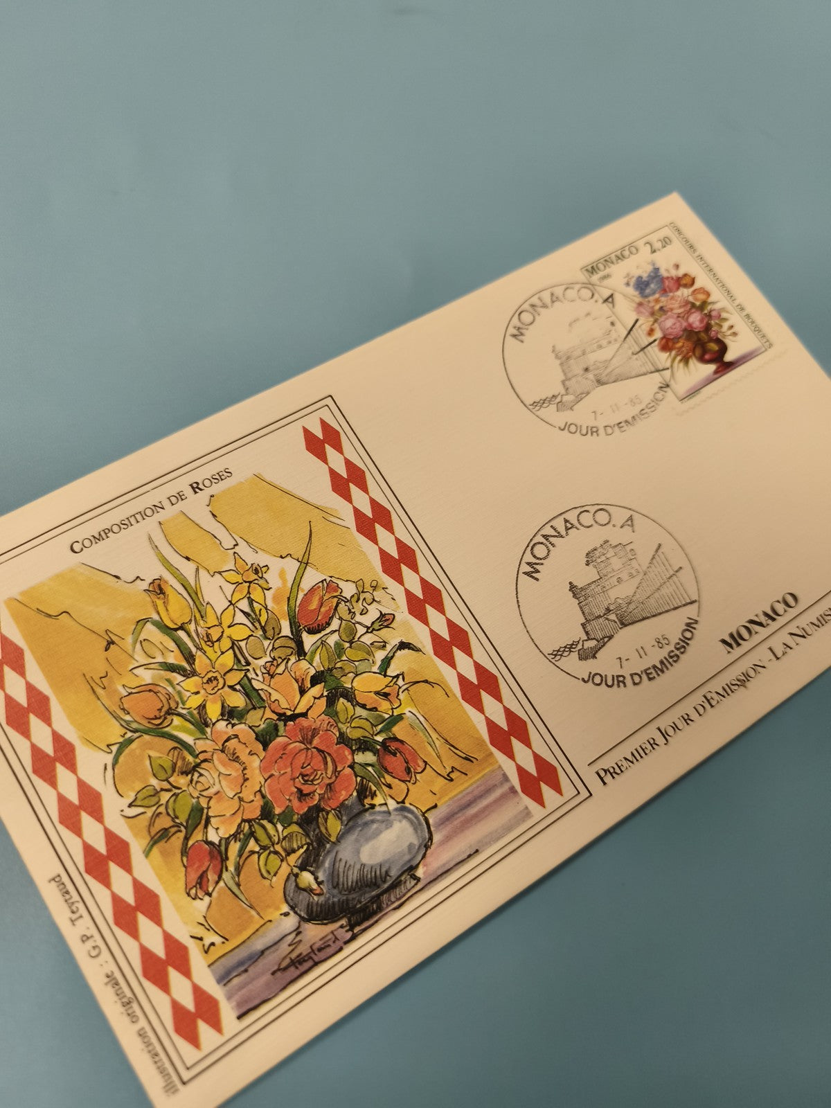 Ancienne enveloppe FDC Monaco composition de roses timbre 1985 illustrée