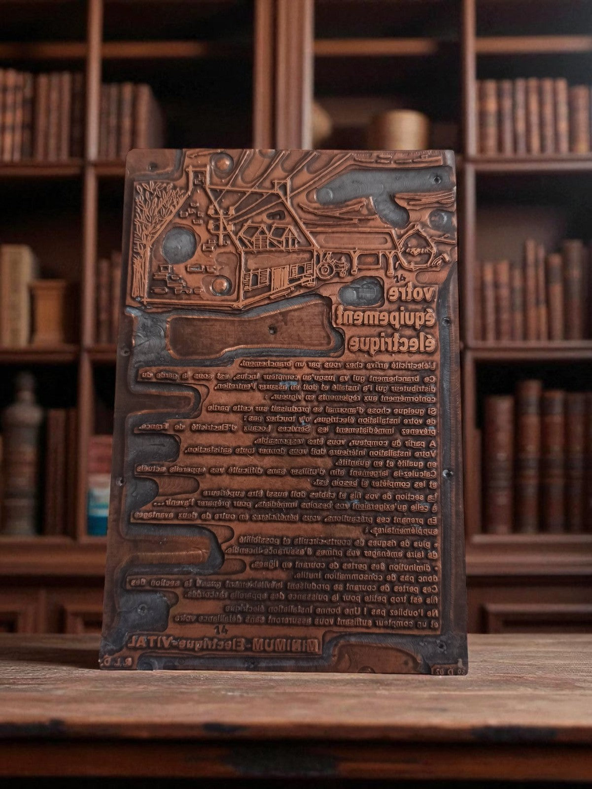 Plaque d’imprimerie ancienne publicitaire vintage équipement électrique cuivre