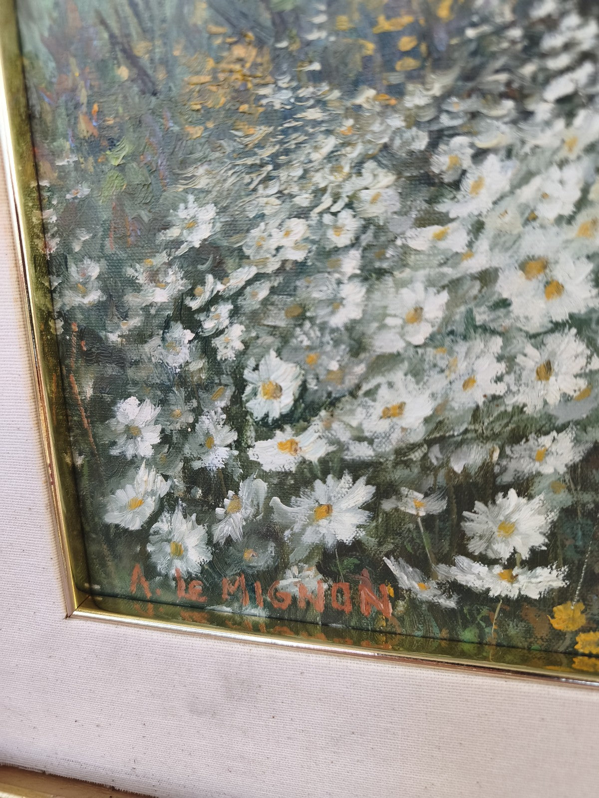 Grand tableau vintage paysage fleuri marguerites signé André Le Mignon ancien ra