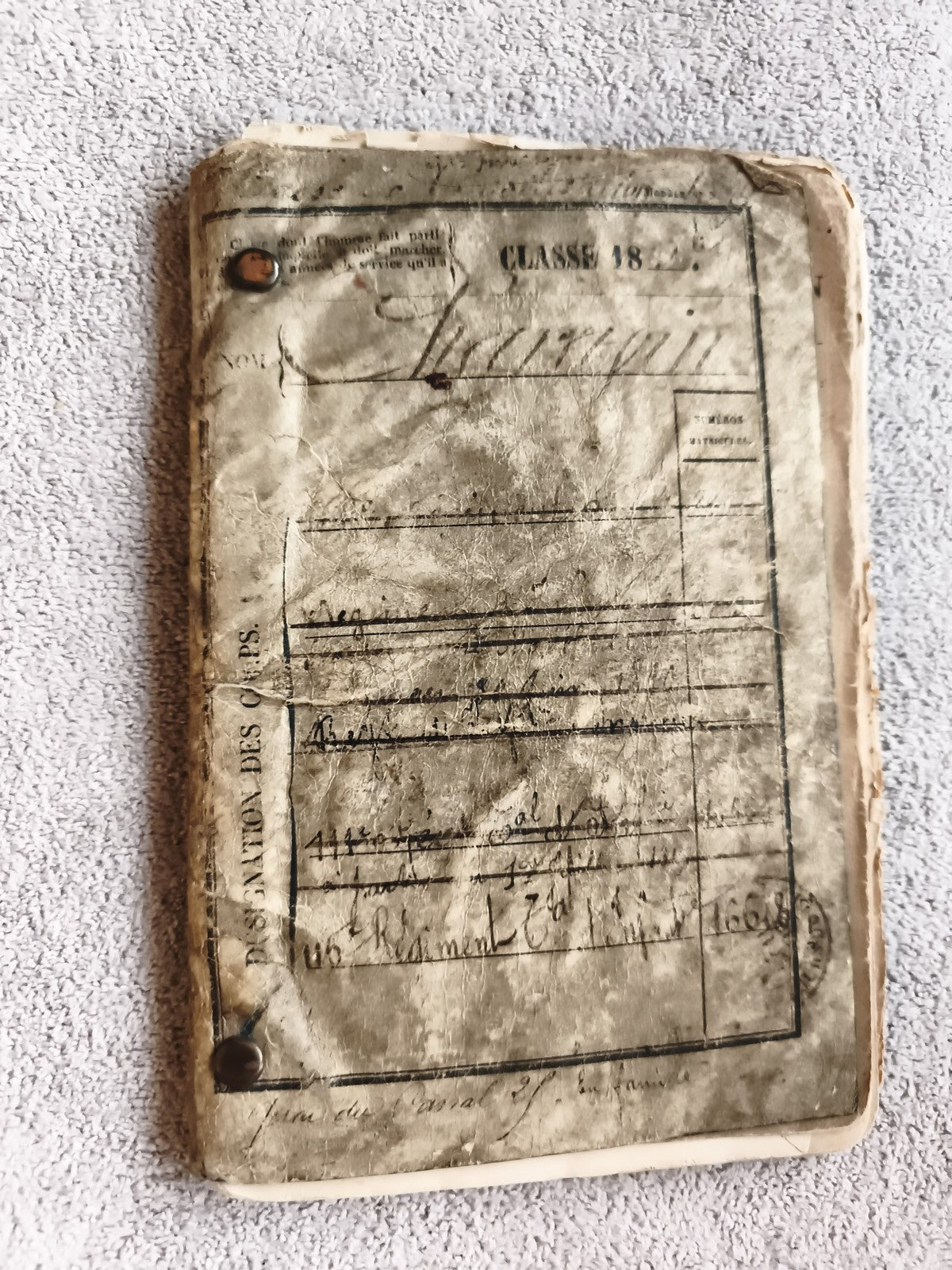 Ancien livret militaire français Classe 1884 document d’archives papier
