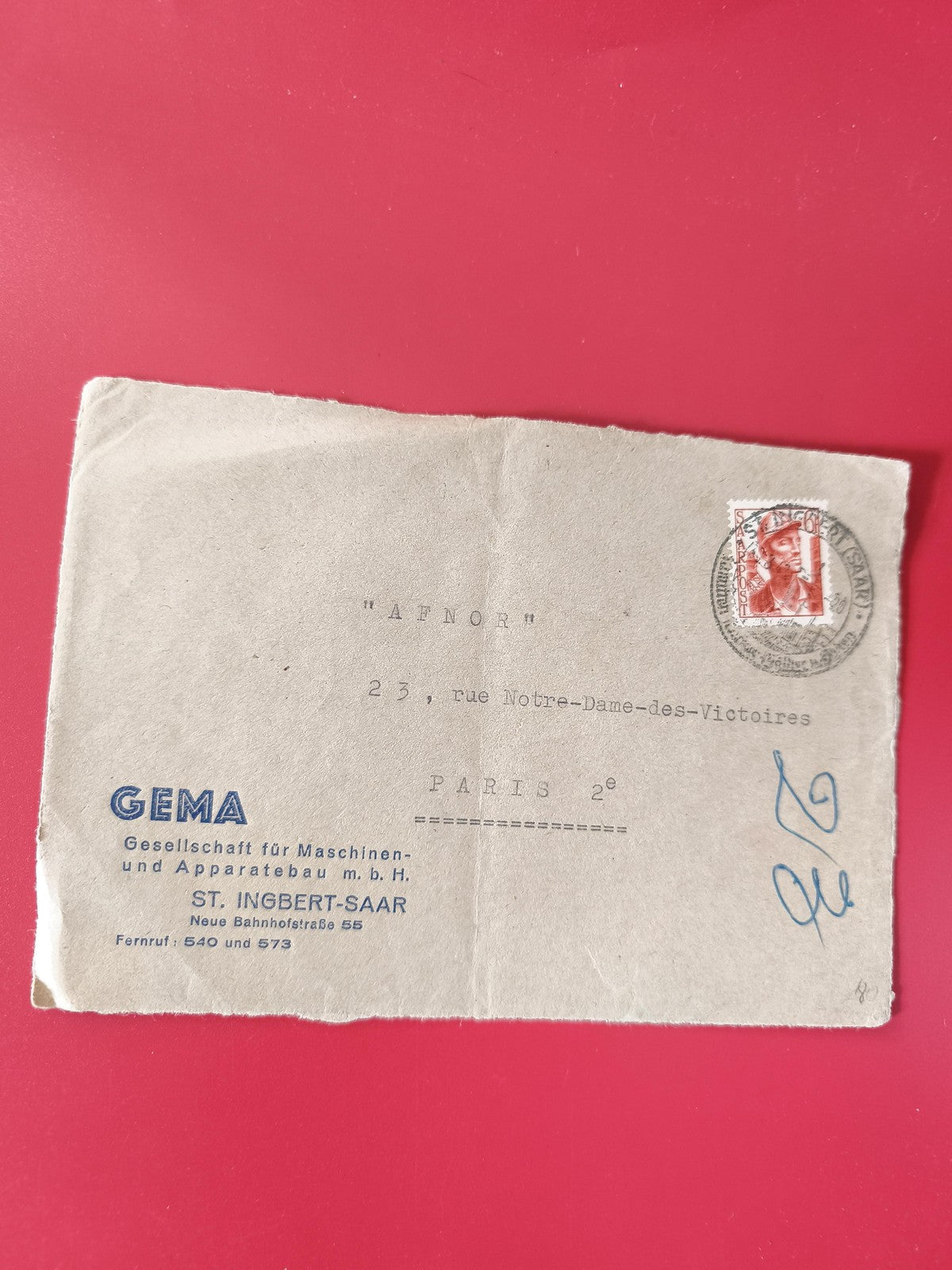Enveloppe philatélie affranchie GEMA St. Ingbert-Saar timbre rouge France