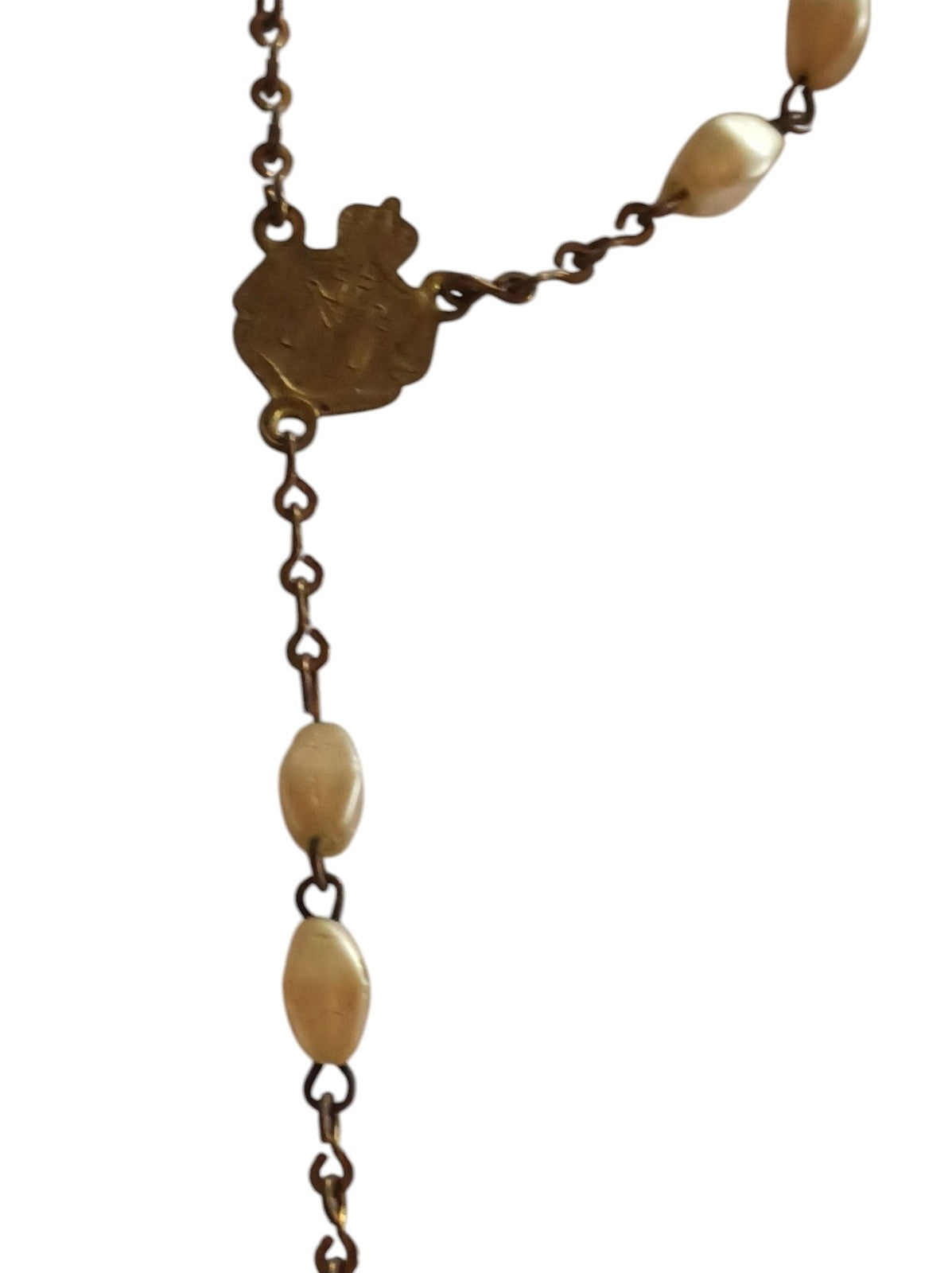 Chapelet ancien croix Christ nacre doré perles ovales religieux vintage