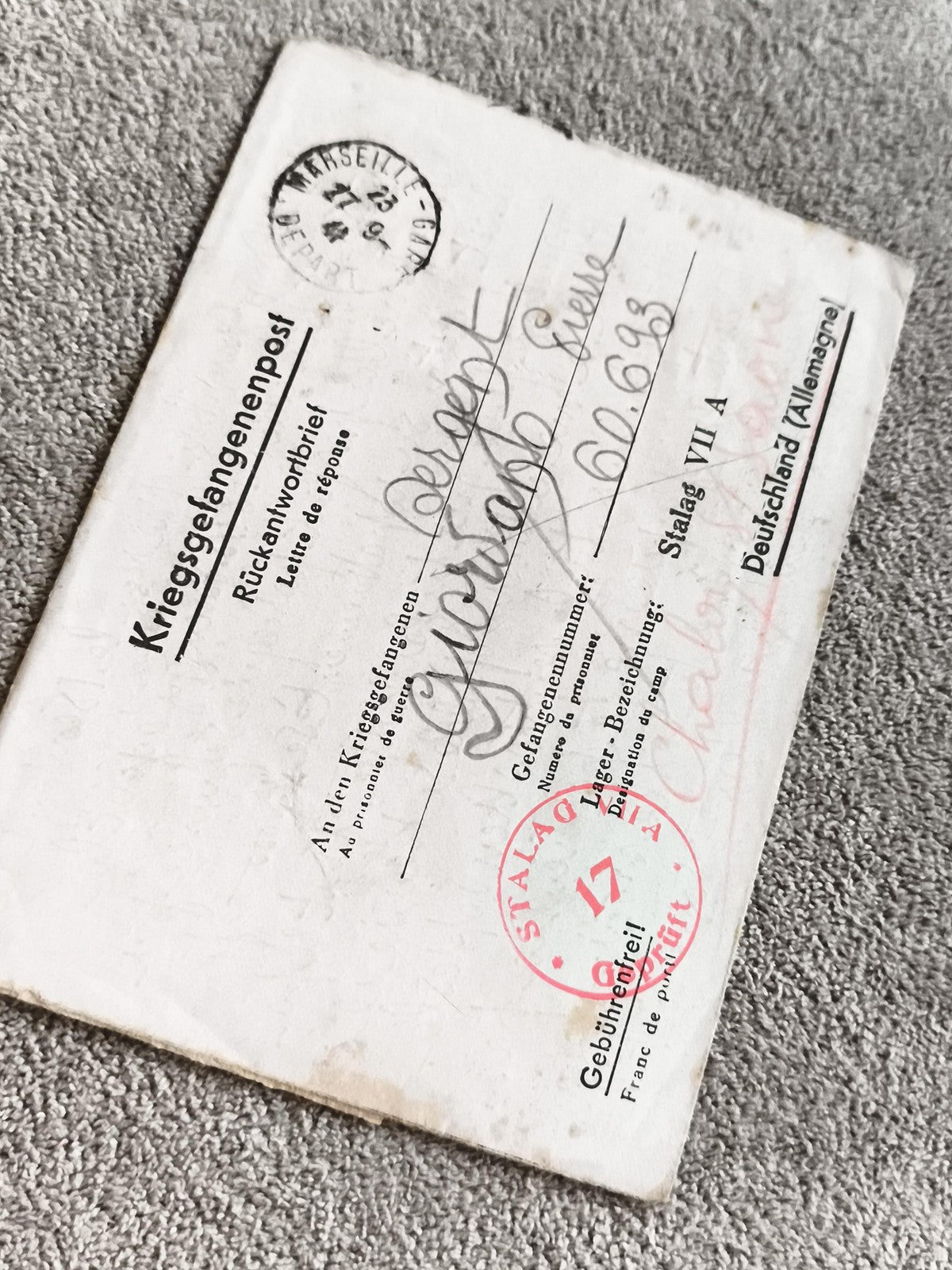 Lettre de prisonnier Stalag VIIA Allemagne WWII Kriegsgefangenenpost ancien docu