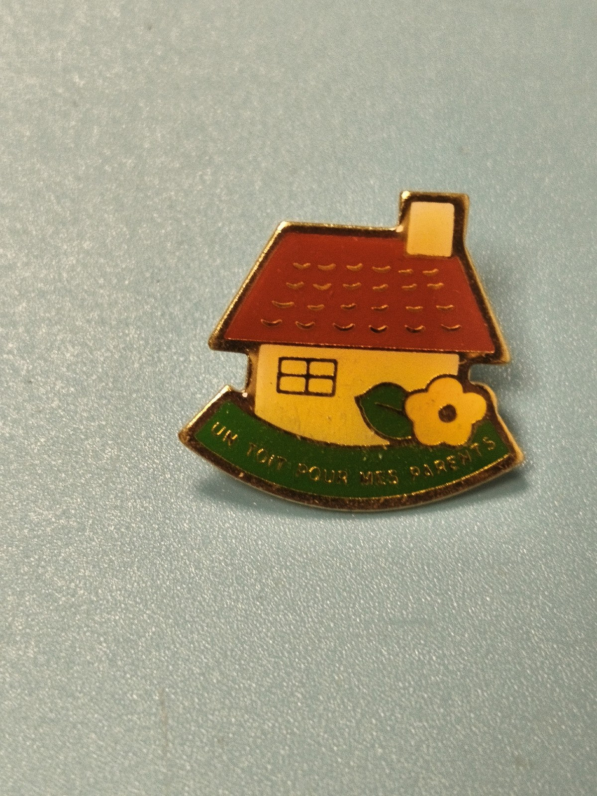 Vintage pin's maison Un Toit Pour Mes Parents émaillé jaune vert rétro (ref 10)