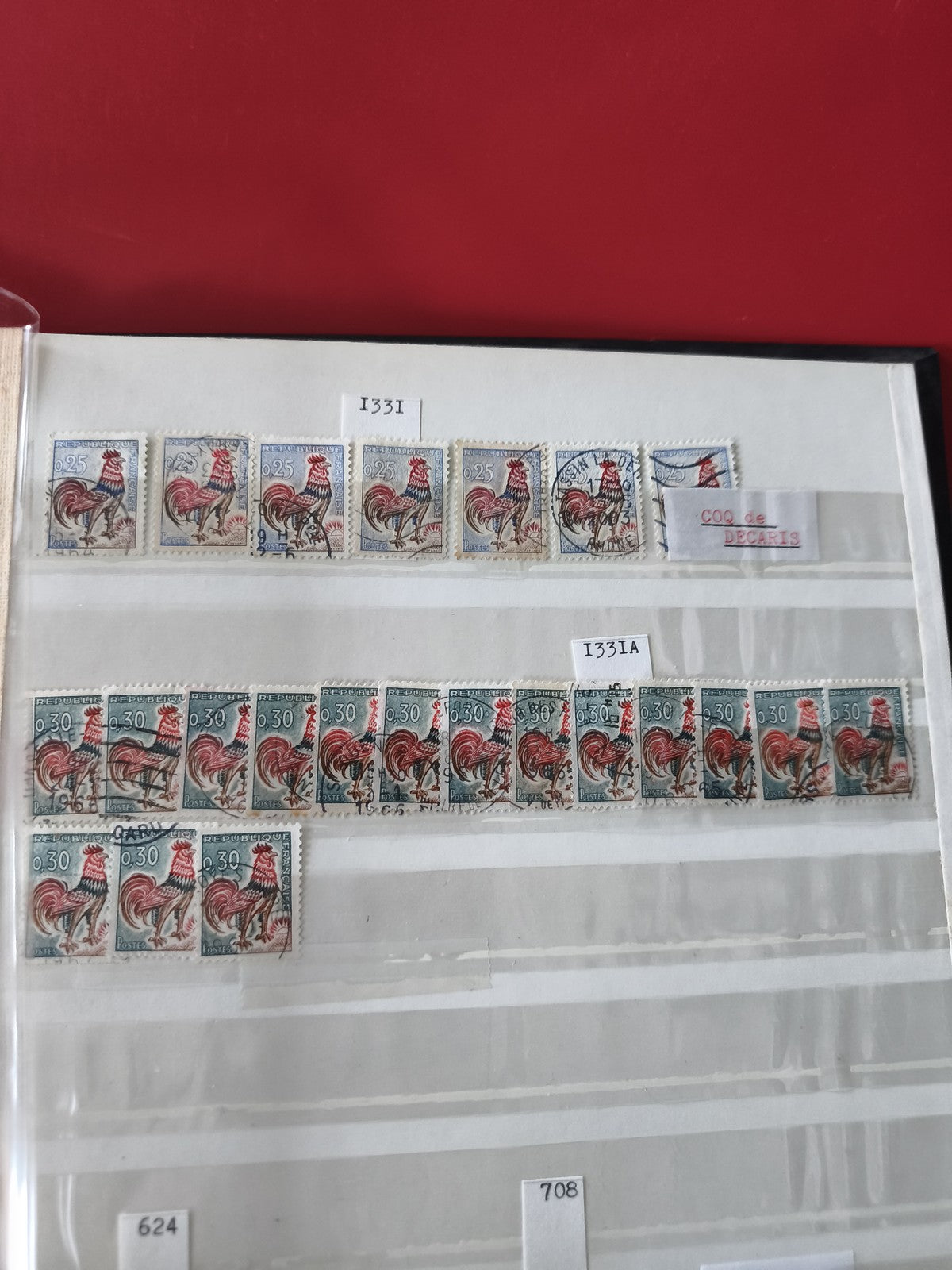 Lot timbres France oblitérés motif coq rouge et bleu, 0,25 & 0,30, support non i