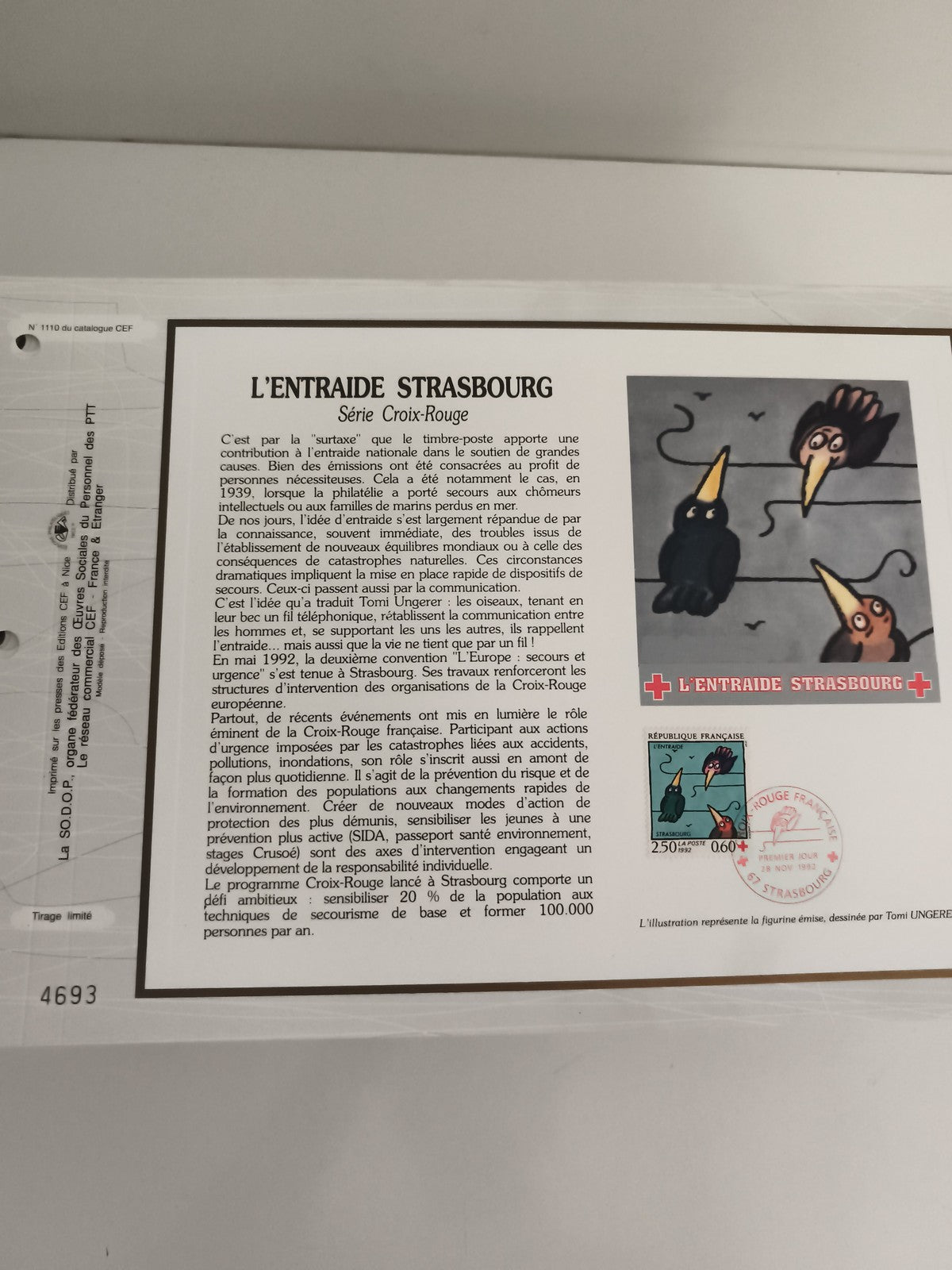 Feuillet CEF L'ENTRAIDE STRASBOURG Croix-Rouge Tomi Ungerer philatélie