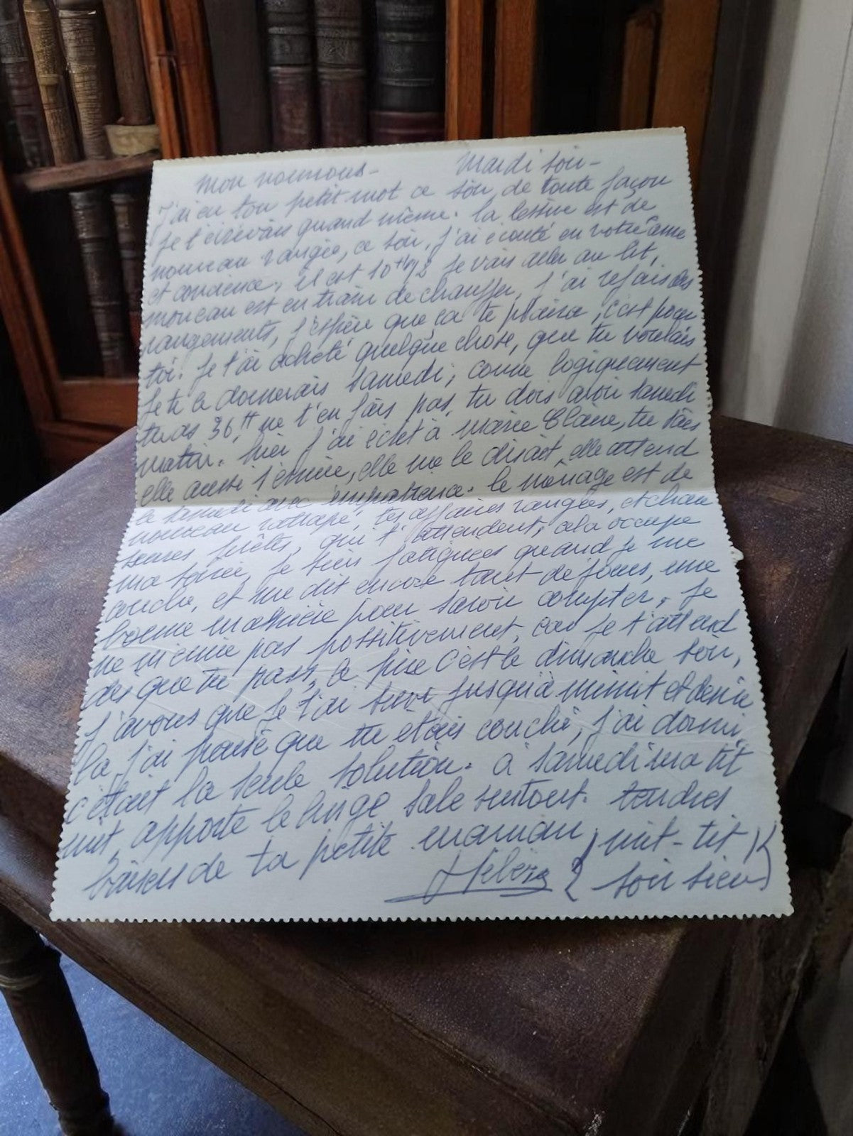 Lettre manuscrite ancienne années 50/70, écriture bleue, correspondance mère-fil