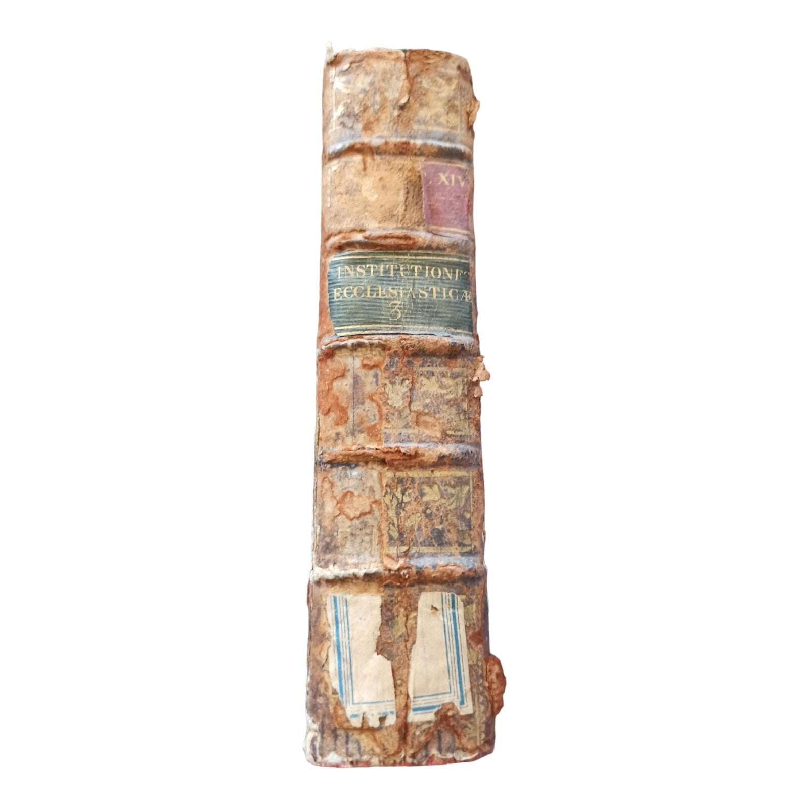 Livre ancien 1762 Institutiones Ecclesiasticae Tome III reliure cuir usée