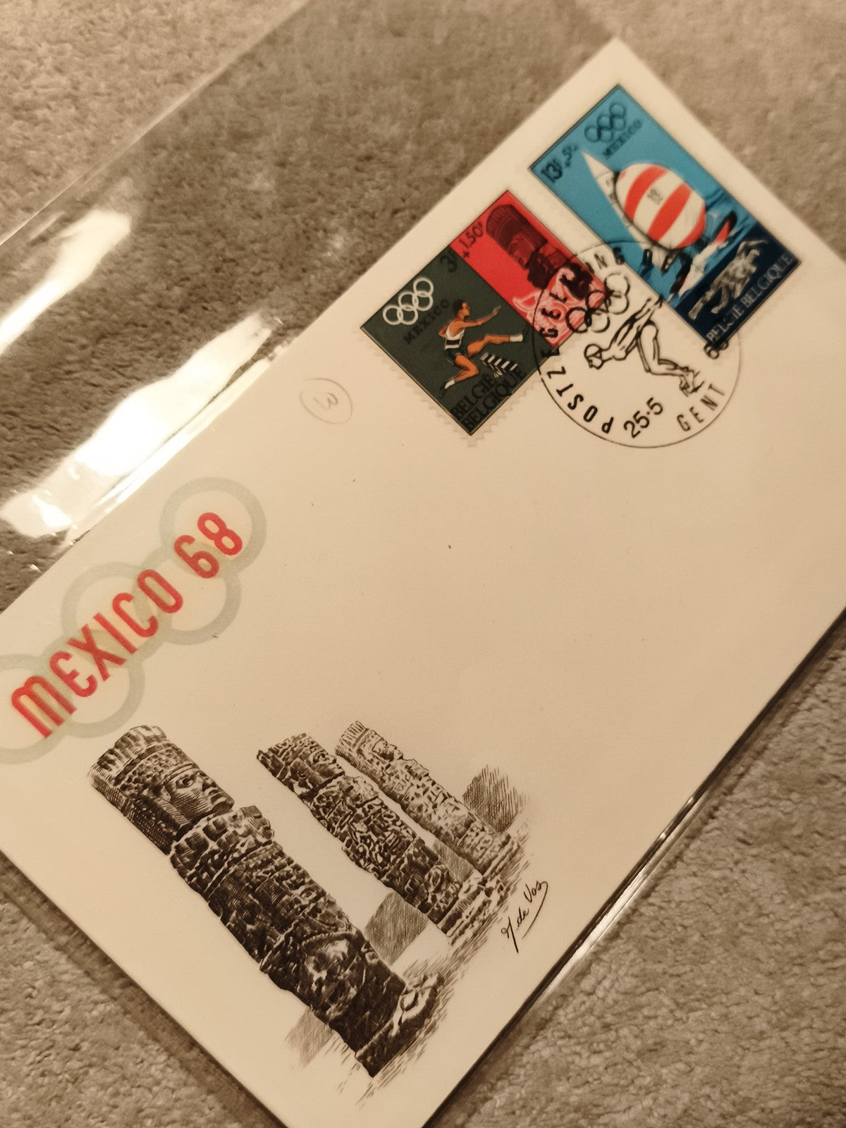 Lettre premier jour Mexico 68 JO timbres Belgique cachet Gent philatélie