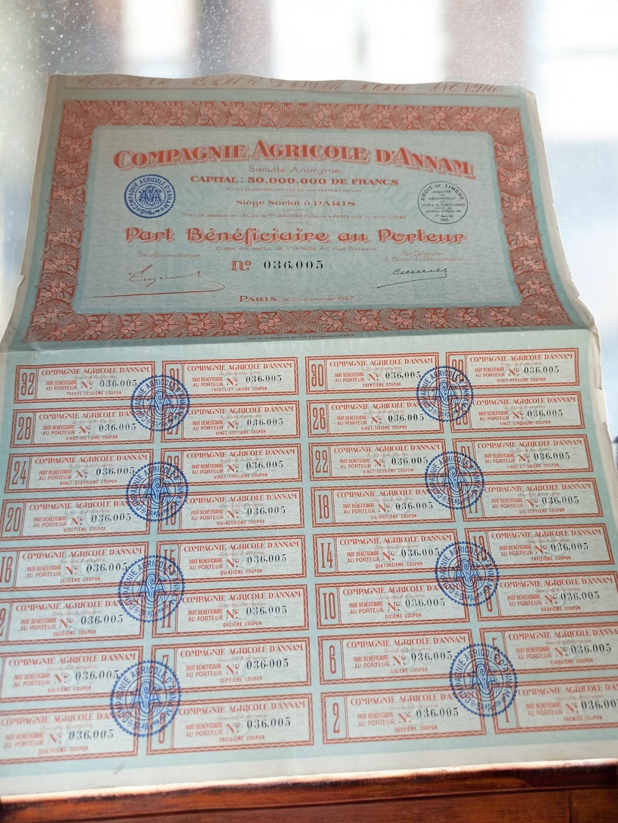 Action au porteur Compagnie Agricole d’Annam 1927 ancien titre papier vintage