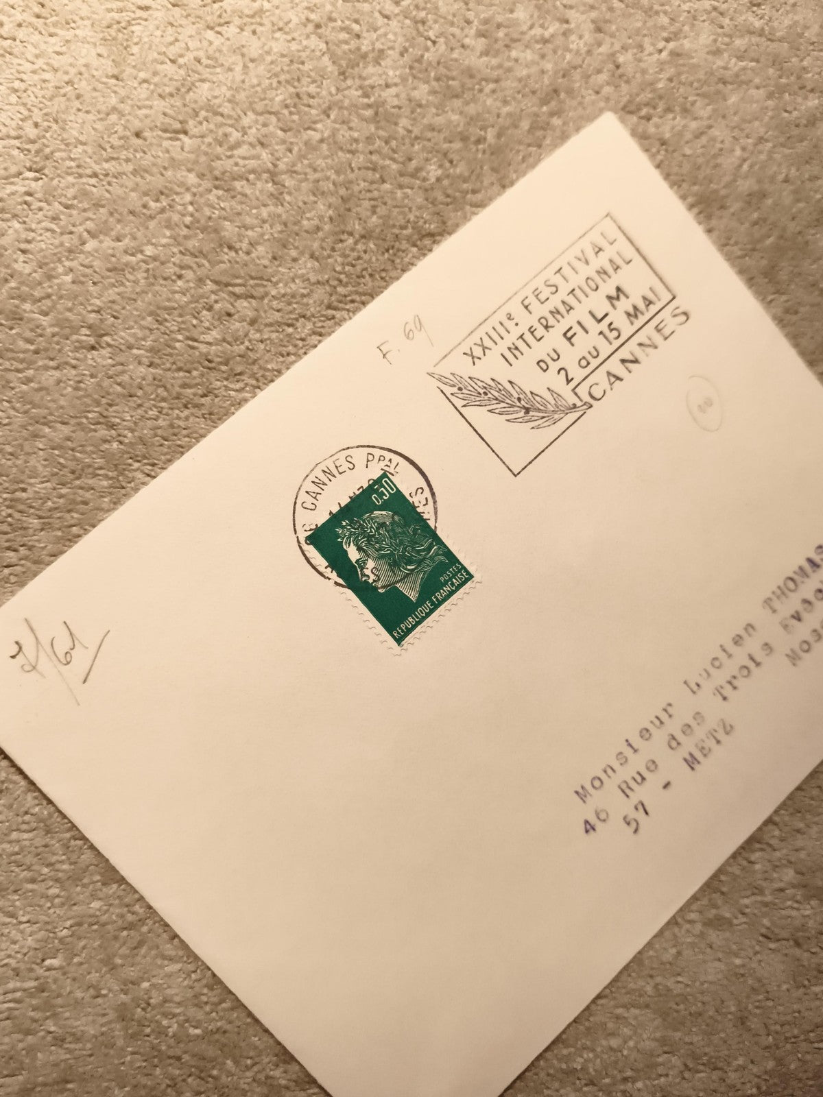Lettre Festival Cannes 1970 affranchie timbre Marianne, cachet 12-15 mai philaté