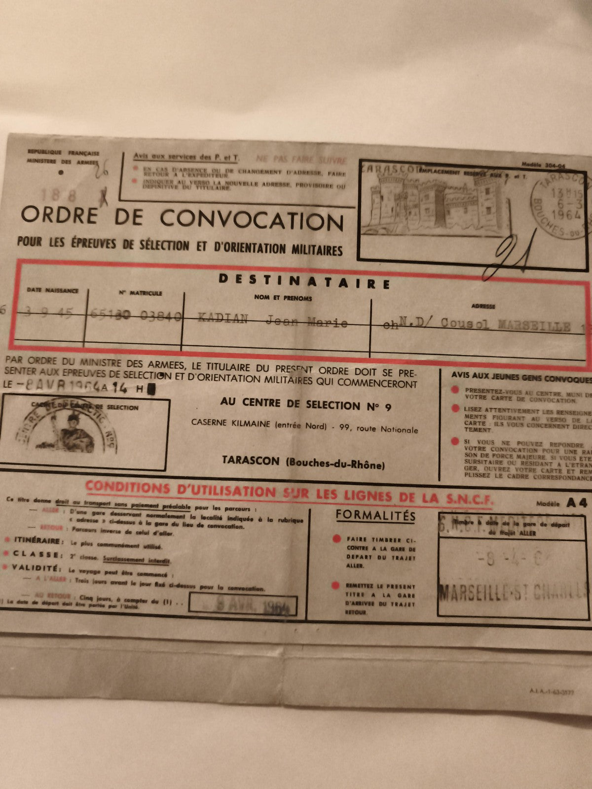 Ordre de convocation militaire 1964 armée française ancien document SNCF