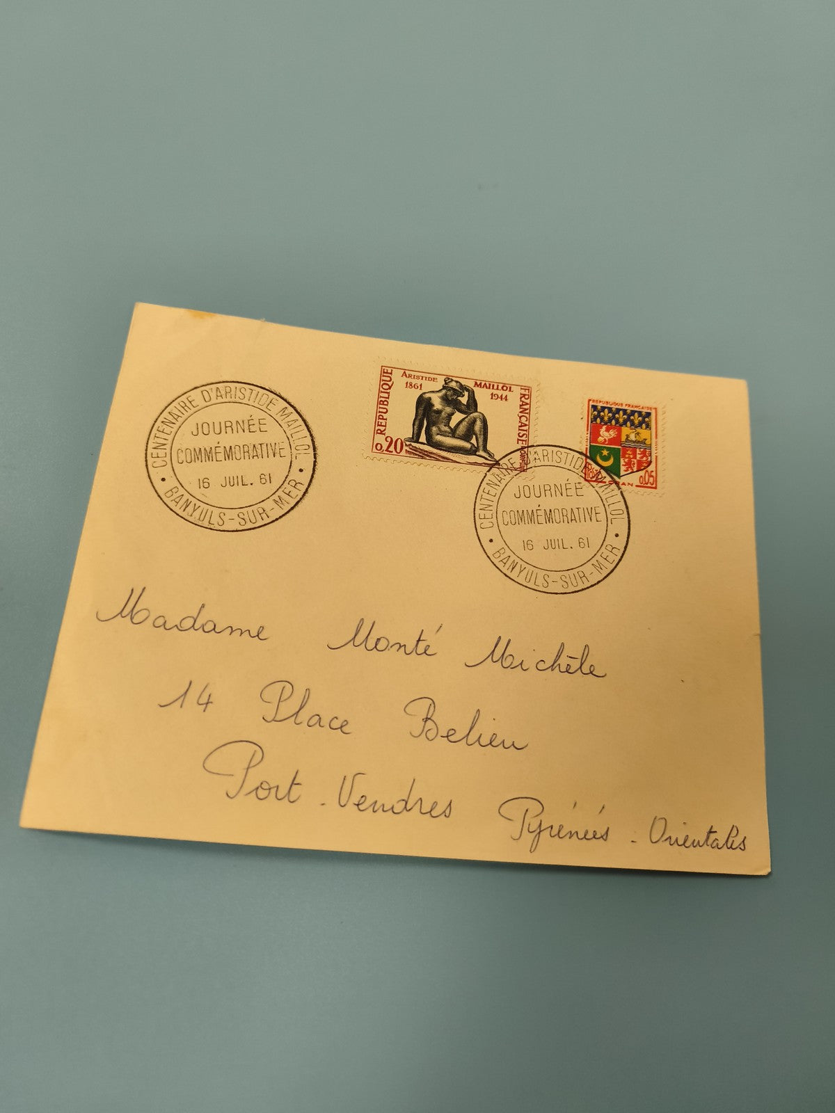 Ancienne enveloppe philatélie commémorative 1961 Aristide Maillol, timbres Franc
