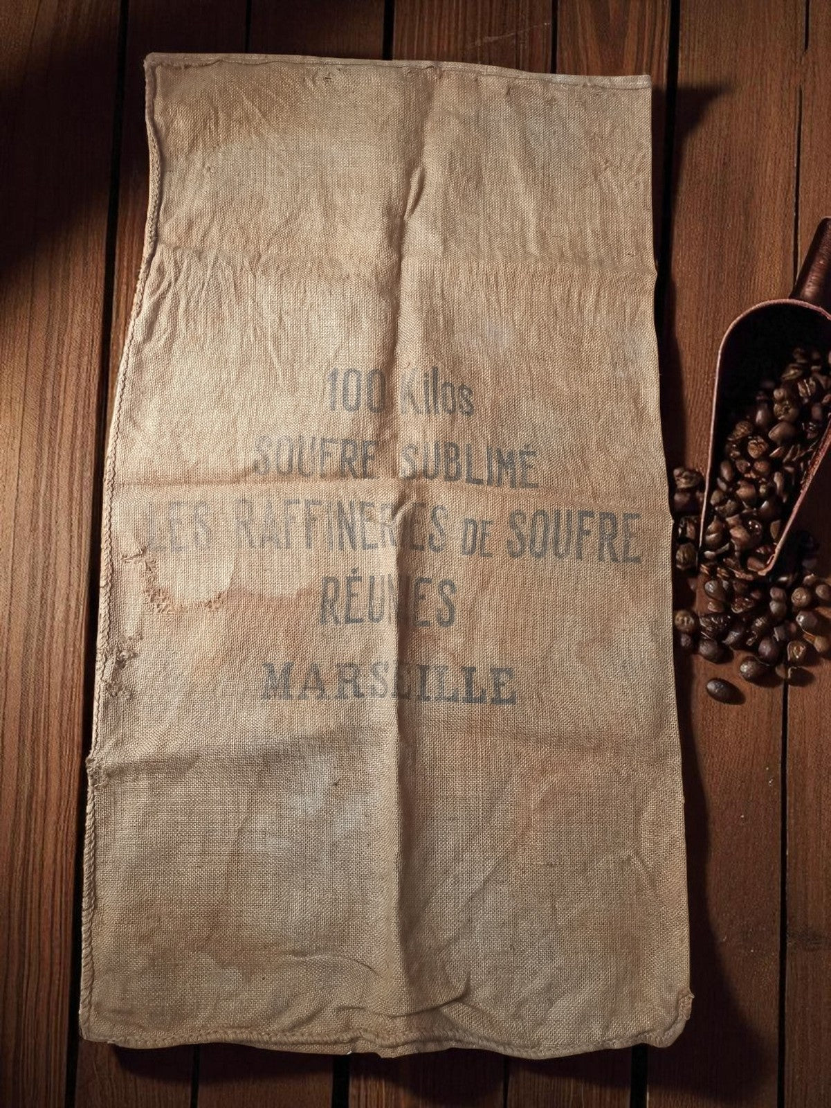 Sac en toile de jute ancien Marseille 100 kilos Raffineries Soufre vintage