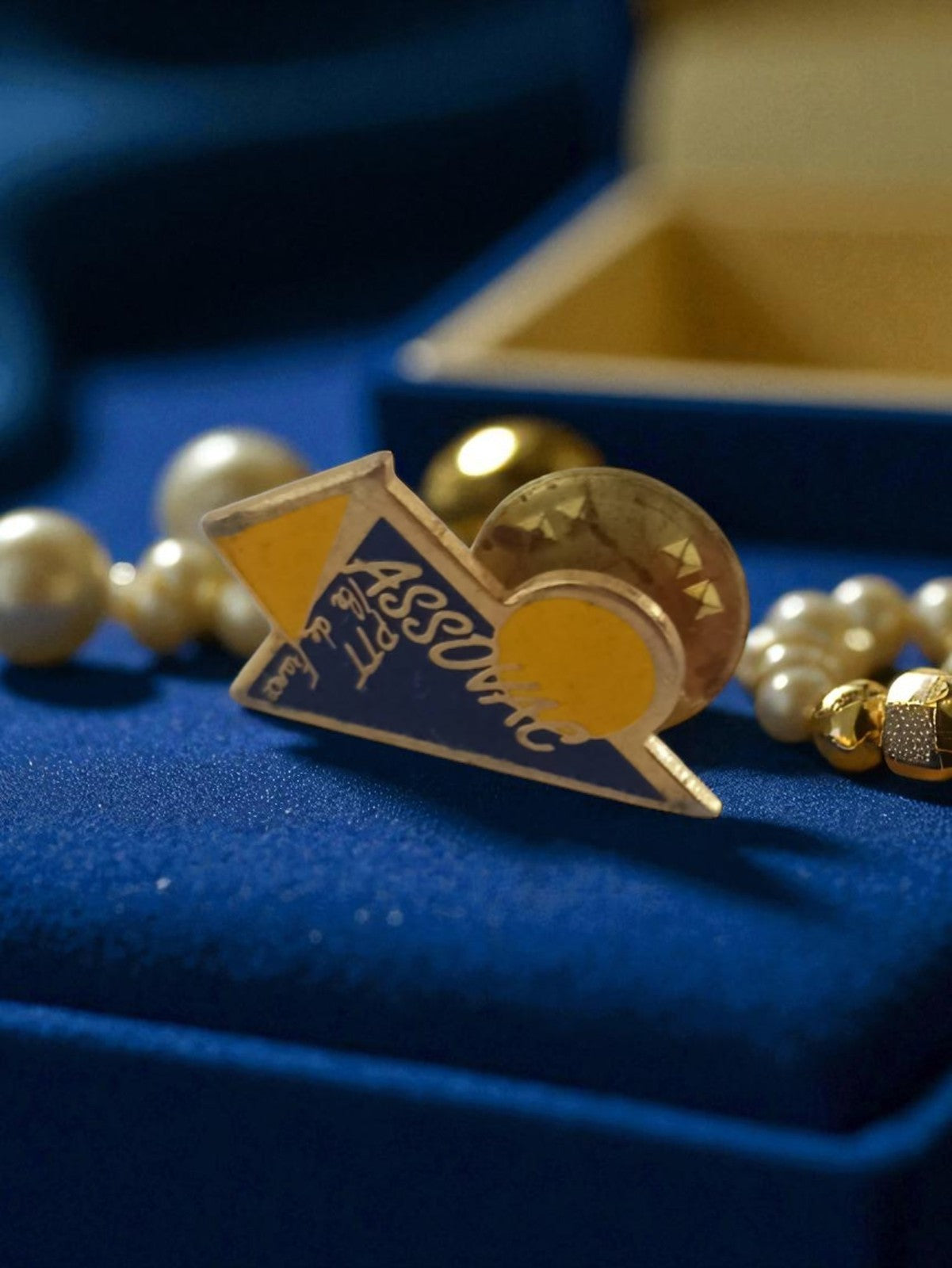 Pin's vintage ASSOVAC ancien badge publicitaire rétro bleu jaune rare
