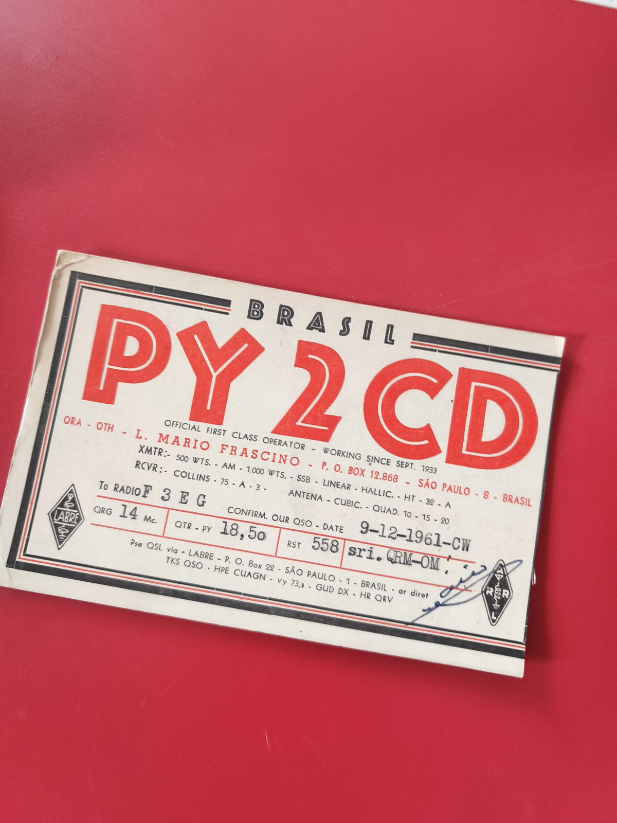 Carte radio QSL PY2CD Brésil radioamateur rouge et blanc indicatif F3EG
