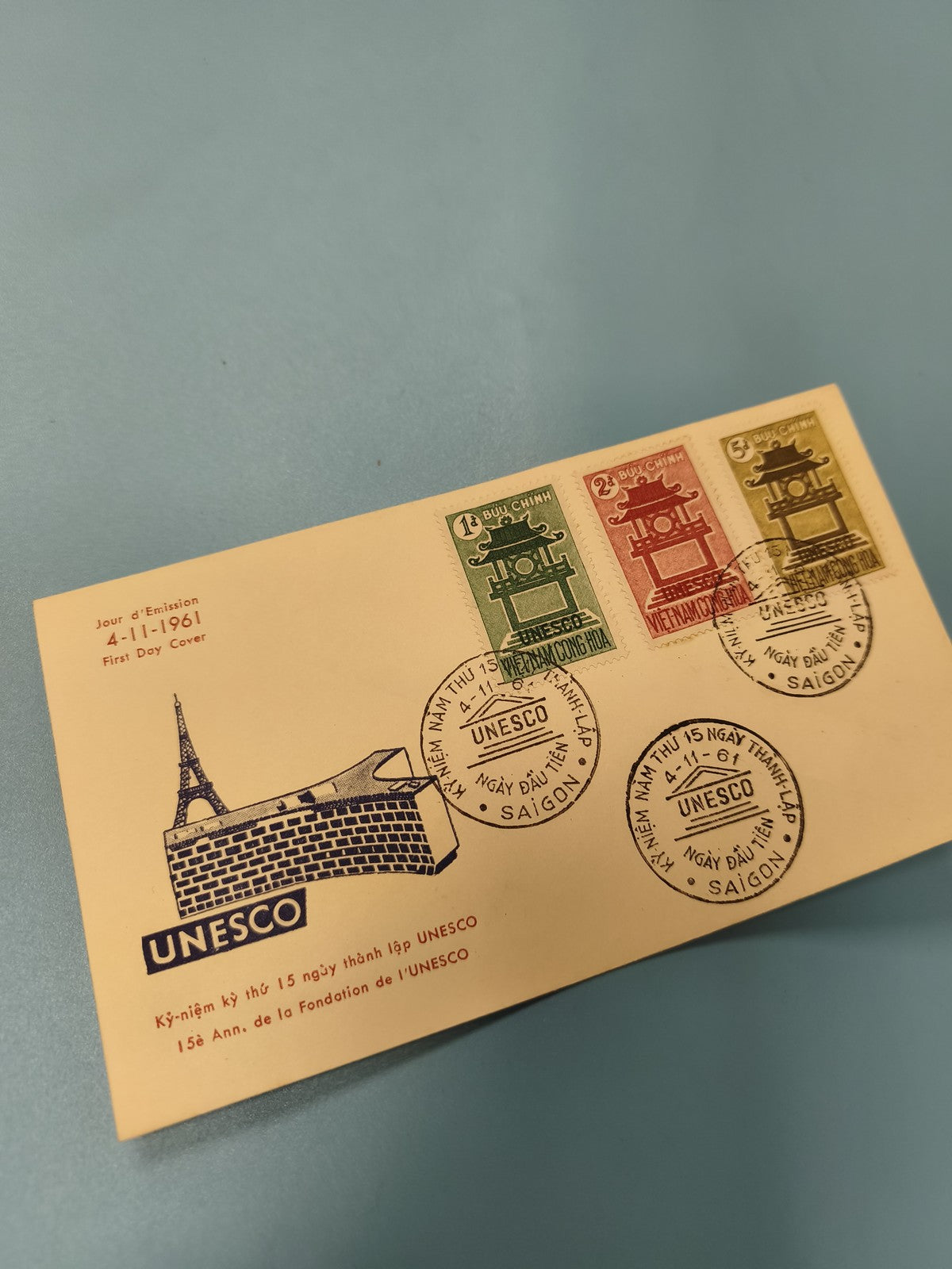 Ancienne enveloppe FDC Vietnam 1961 UNESCO timbres oblitérés collection