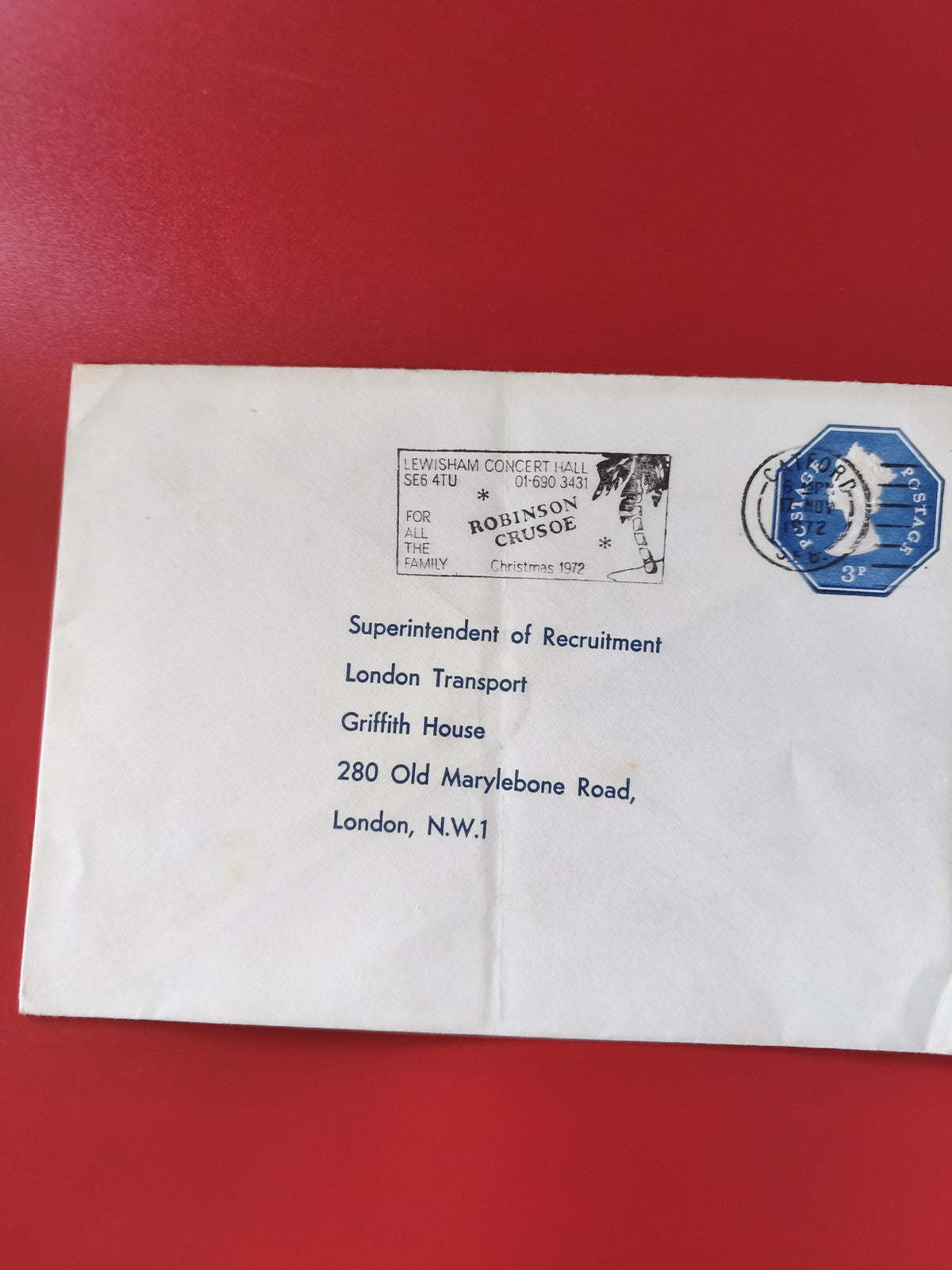 Enveloppe philatélie timbre Royaume-Uni 3p, cachet Robinson Crusoe Lewisham