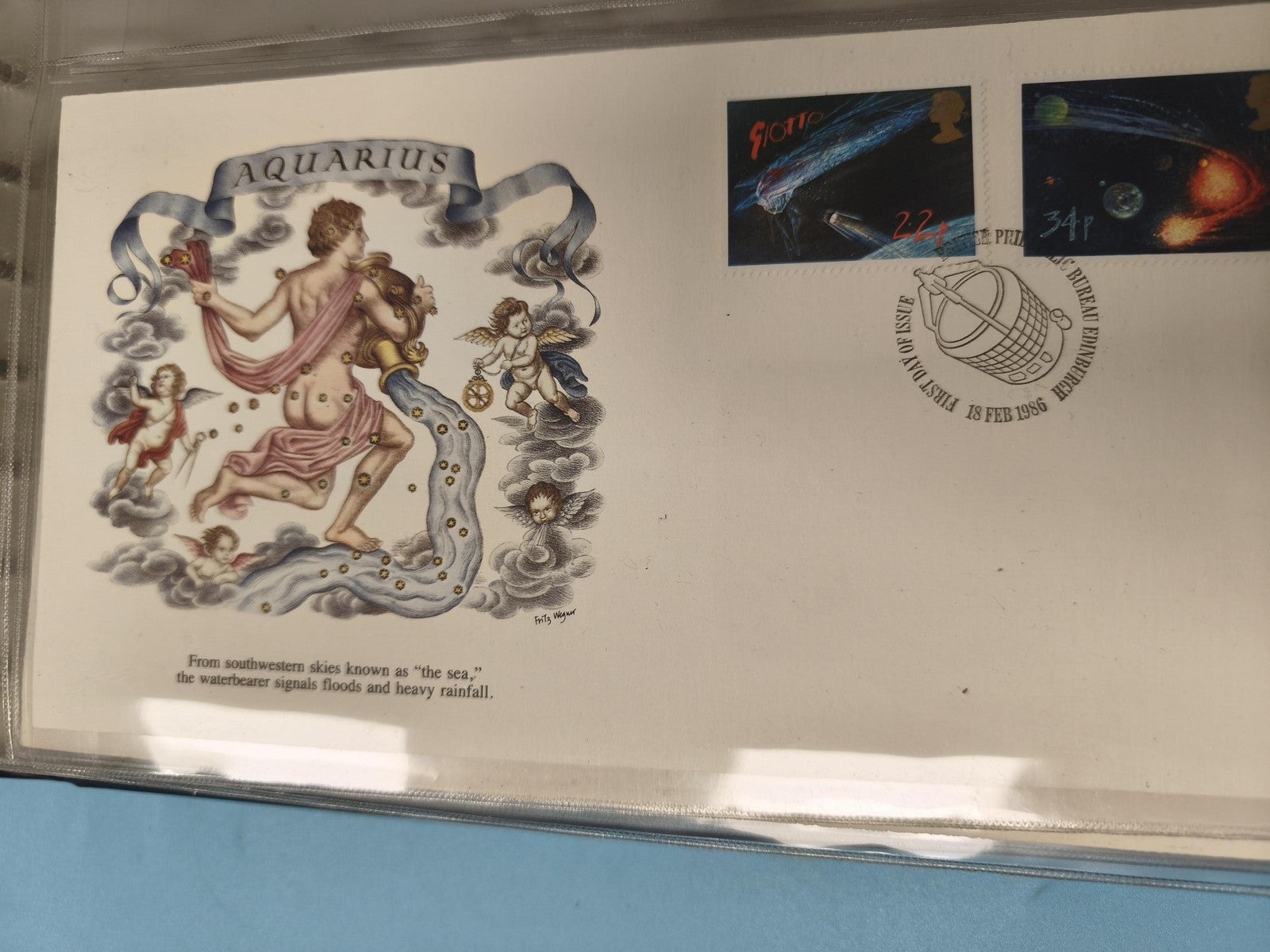 Enveloppe premier jour FDC Aquarius 1986 timbres astrologie et espace