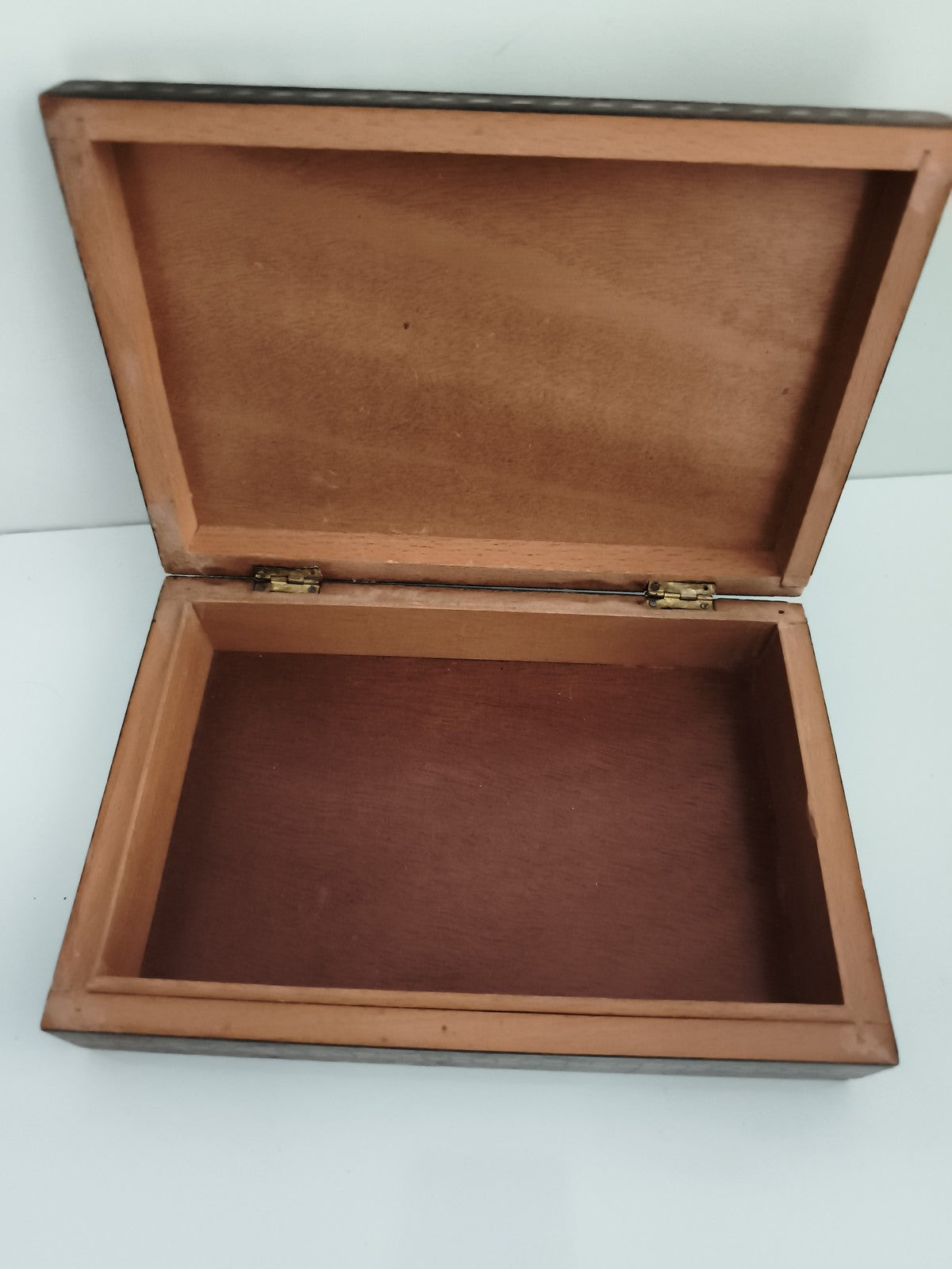 Boîte à bijoux ancienne marqueterie orientale, coffret décor géométrique vintage