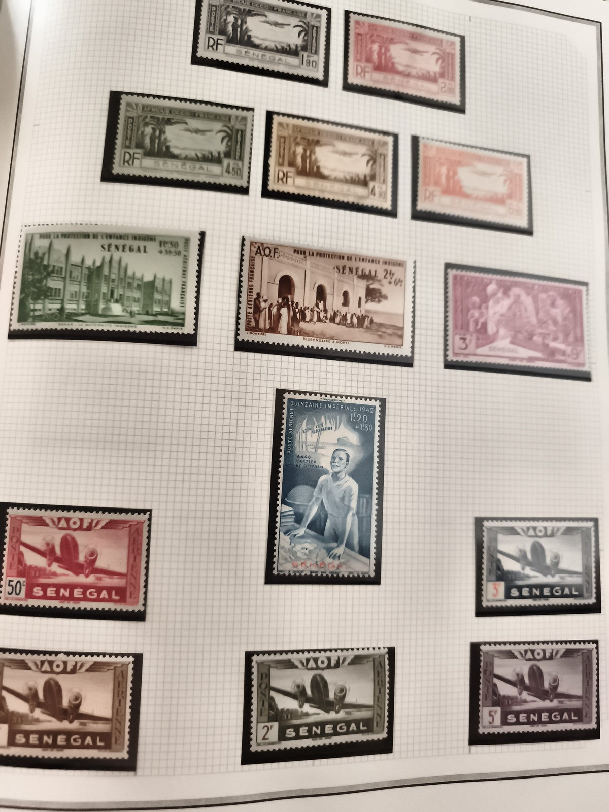 Timbres anciens Sénégal AOF neufs – paysages, avions, architecture, lot philatél