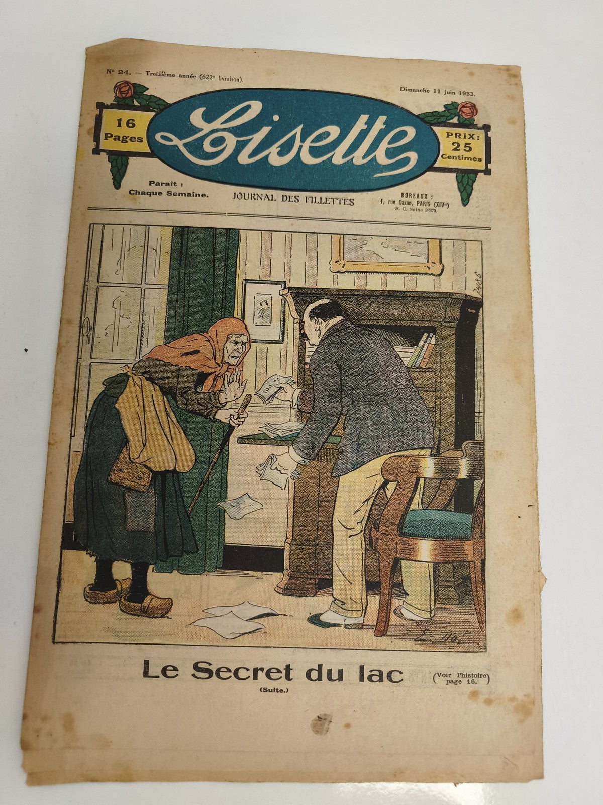 Journal ancien Lisette 1933, 16 pages, couverture illustrée "Le Secret du lac"