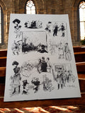 Planche illustrée ancienne bourgeoisie XIXe, scènes de vie, dessin encre