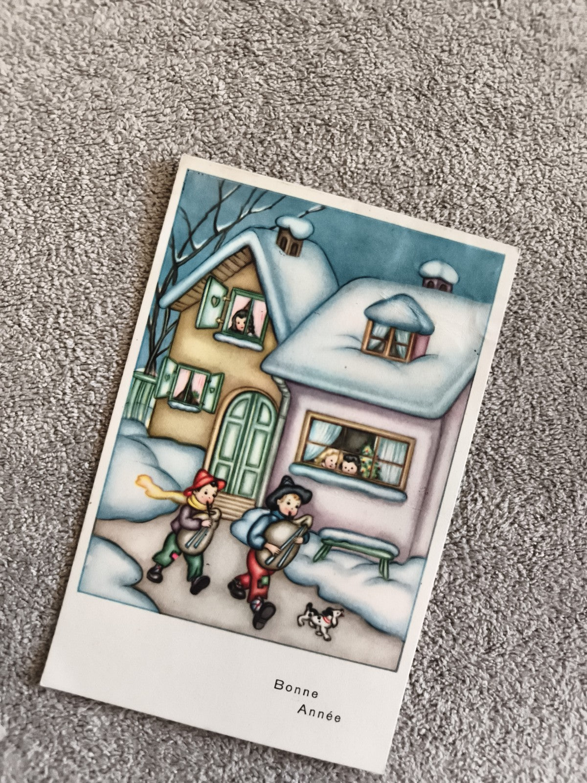 CPA Bonne Année illustrée hiver enfants instruments neige