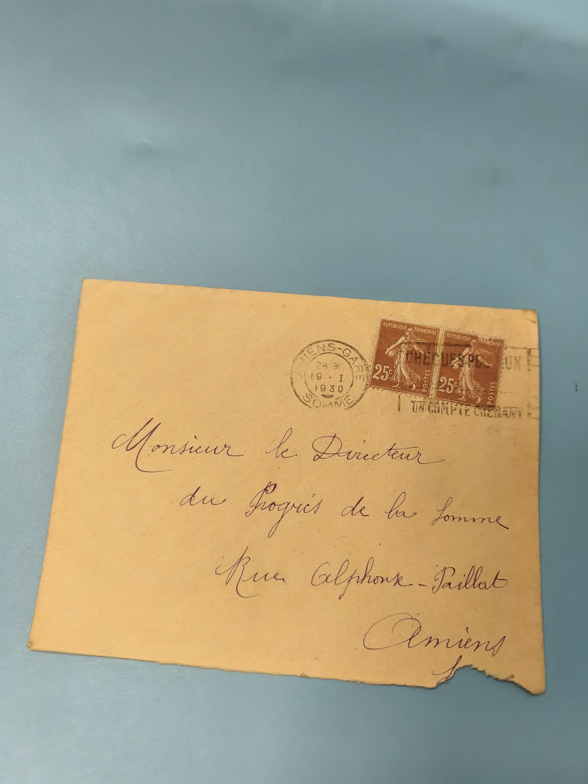 Ancienne enveloppe oblitérée 1930 philatélie France timbres 25c brun vintage